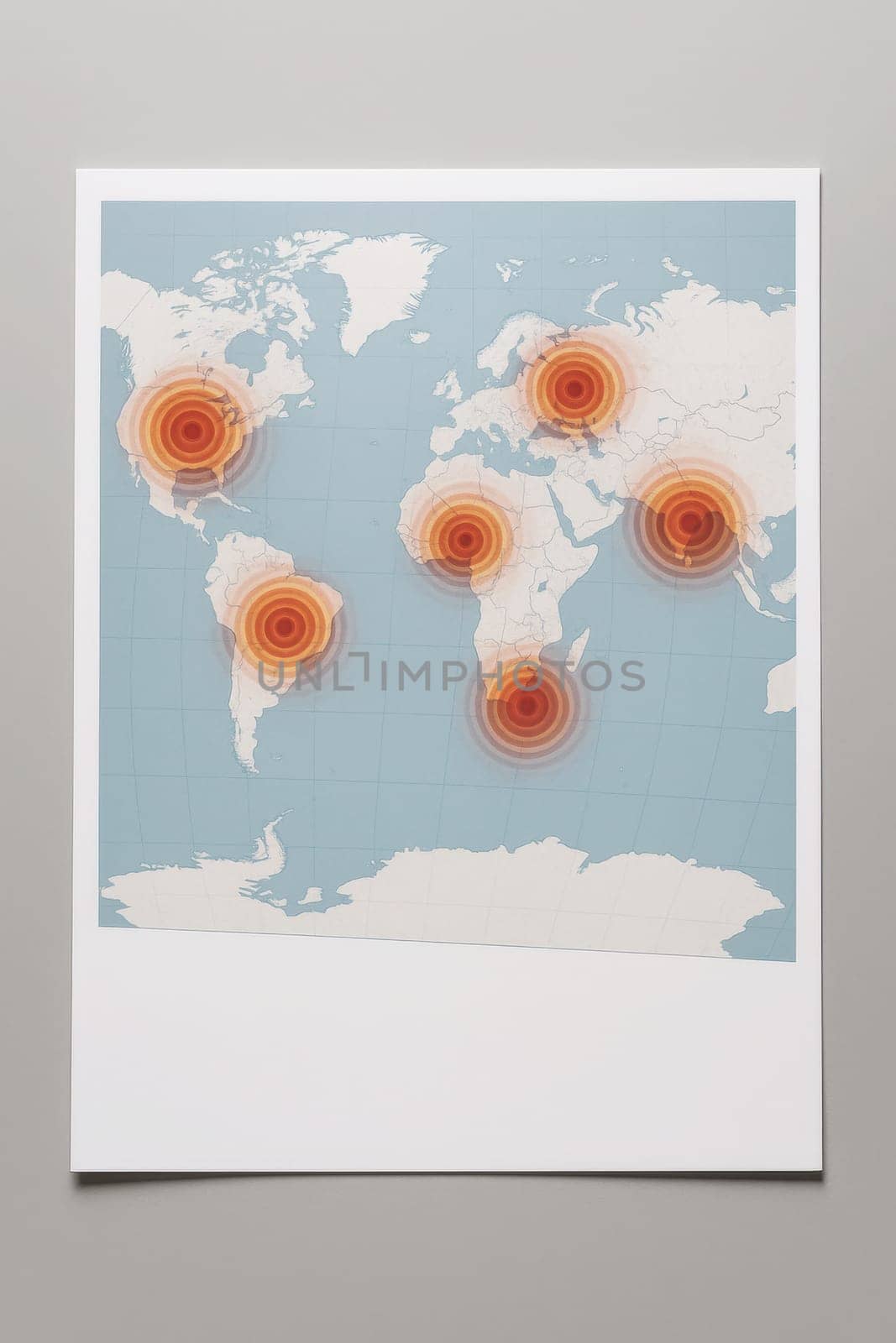 World map infographic with bright red-orange concentric heat zones highlighting global warming and climate crisis areas. Useful for environmental reports, data visualization, and awareness campaigns