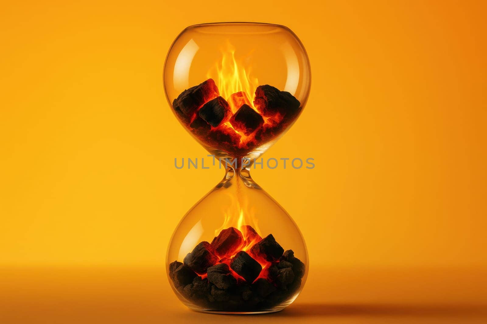 A surreal glass hourglass containing glowing burning coals with flames in place of sand. Ideal for illustrating energy consumption, heat, time pressure, climate change, or symbolic editorial content