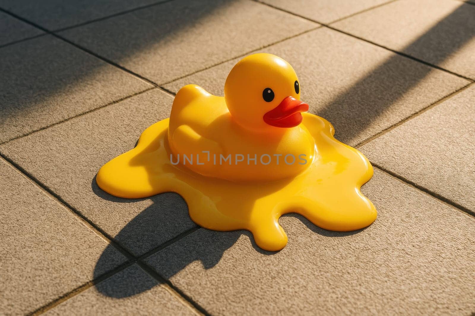 A bright yellow rubber duck appears to melt on hot sunlit tiles, humorously symbolizing heatwaves and climate stress. Ideal for creative concepts, summer visuals, or environmental themes