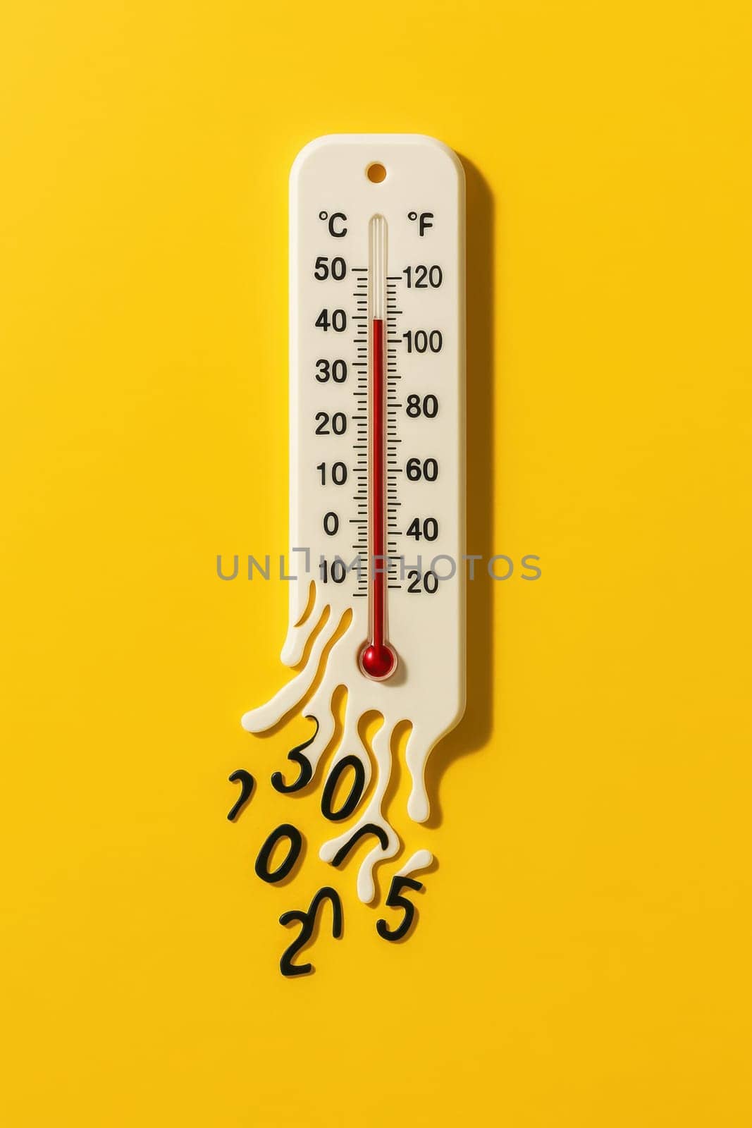 White thermometer with melting shape and fallen numbers on a vibrant yellow background. A powerful visual metaphor of heatwaves, climate emergency, global warming. Perfect for impactful editorial use