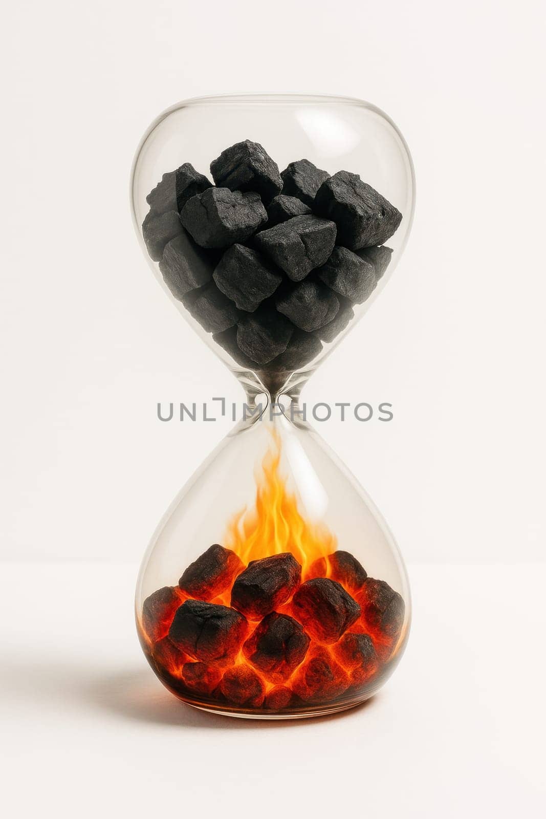 Glass hourglass with black coal in the upper half gradually igniting into flames in the bottom, representing the passing of time and fossil fuel consumption. Powerful image for climate, energy topics