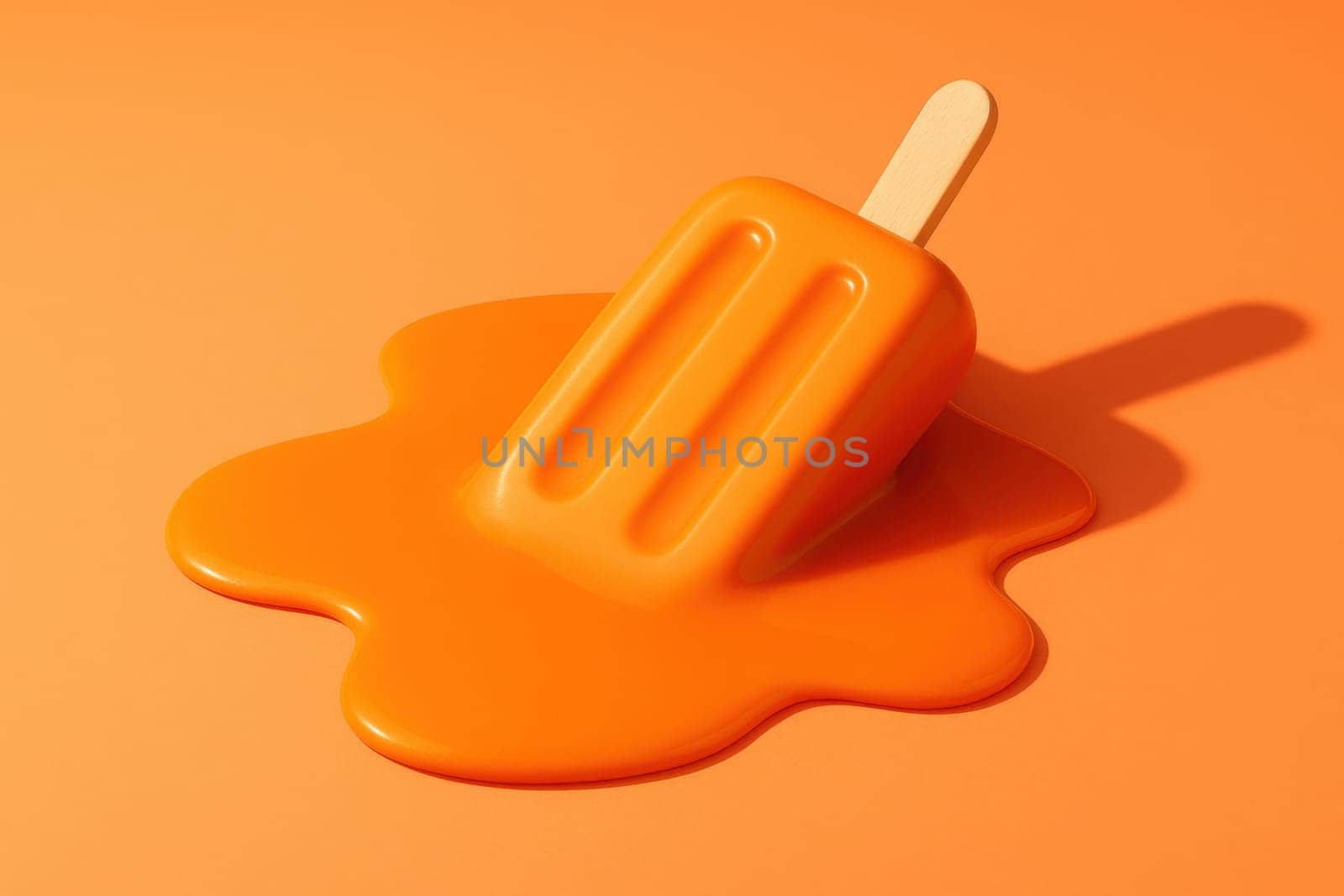 Bright orange popsicle melting on a seamless orange background. A minimalist and symbolic summer concept image ideal for themes of heat, refreshment, climate impact, or seasonal advertising
