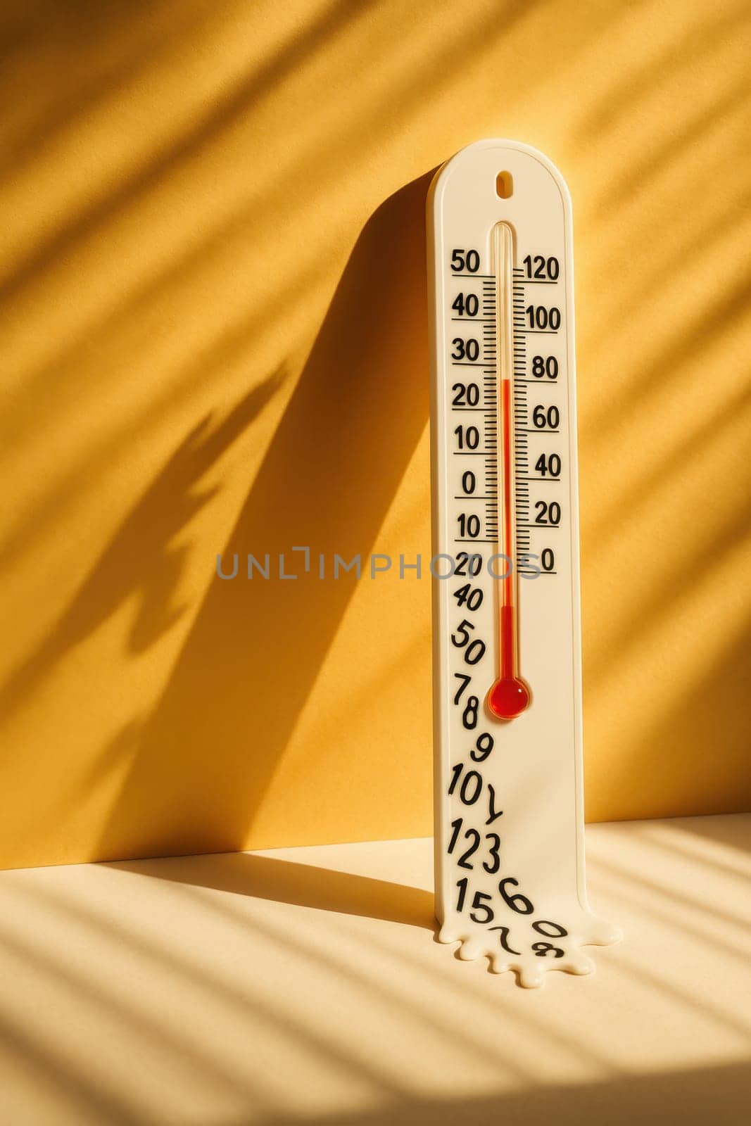 Surreal concept image of a thermometer melting on a yellow backdrop, symbolizing extreme summer heat, climate change, and global warming. Perfect for editorial use or awareness campaigns