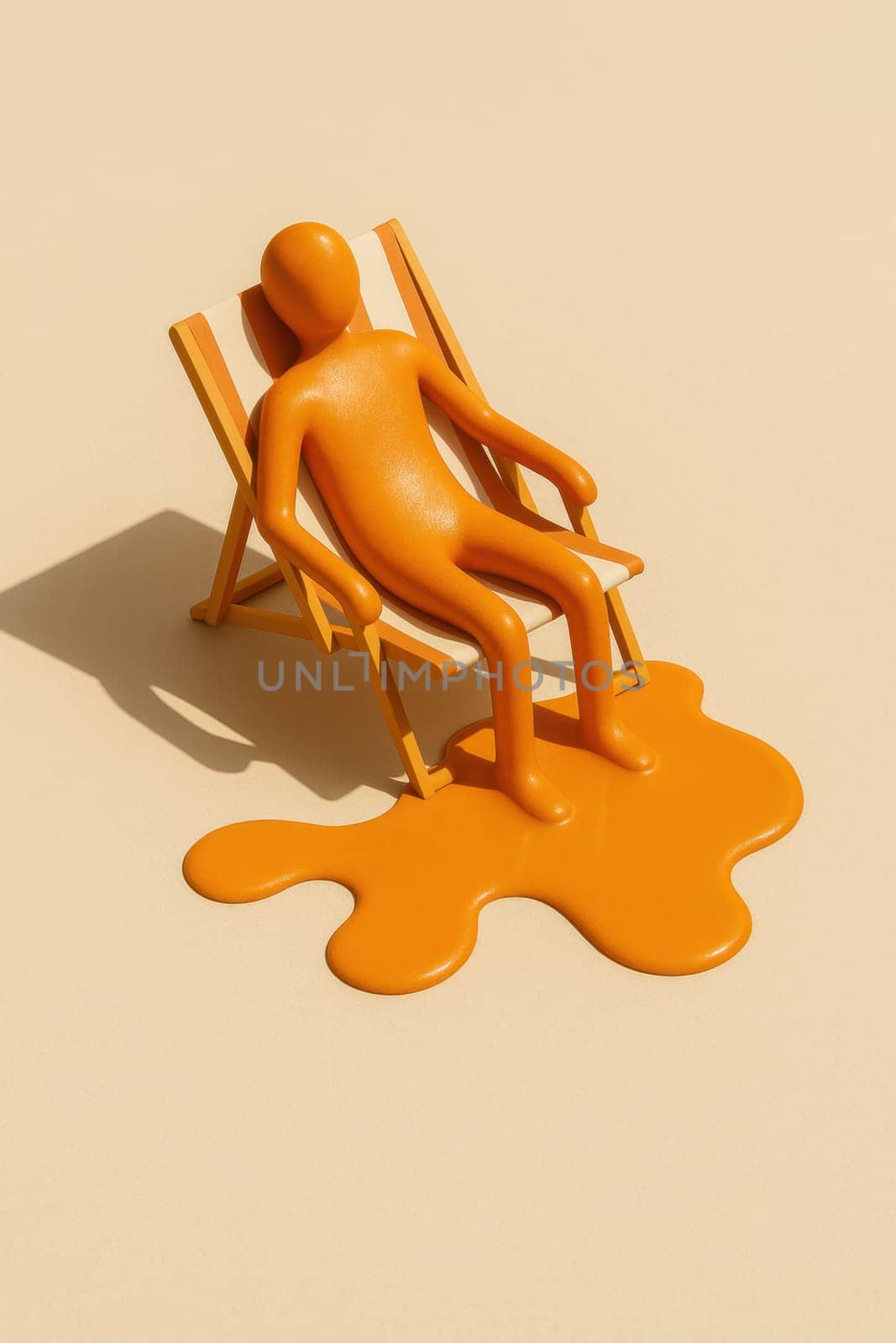 Abstract orange human figure melting in a deck chair on a beige background. Surreal and minimal concept image symbolizing heat exhaustion, global warming, or extreme summer conditions