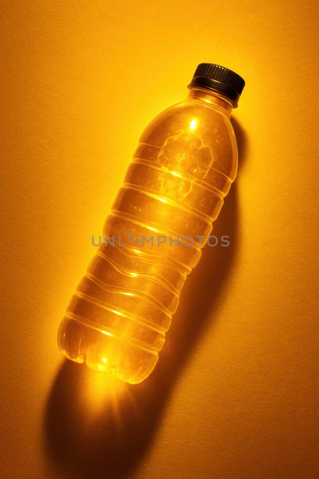 A glowing plastic bottle in warm orange tones symbolizing heat and dehydration. Ideal for topics like summer thirst, environmental awareness, or plastic pollution in hot weather contexts