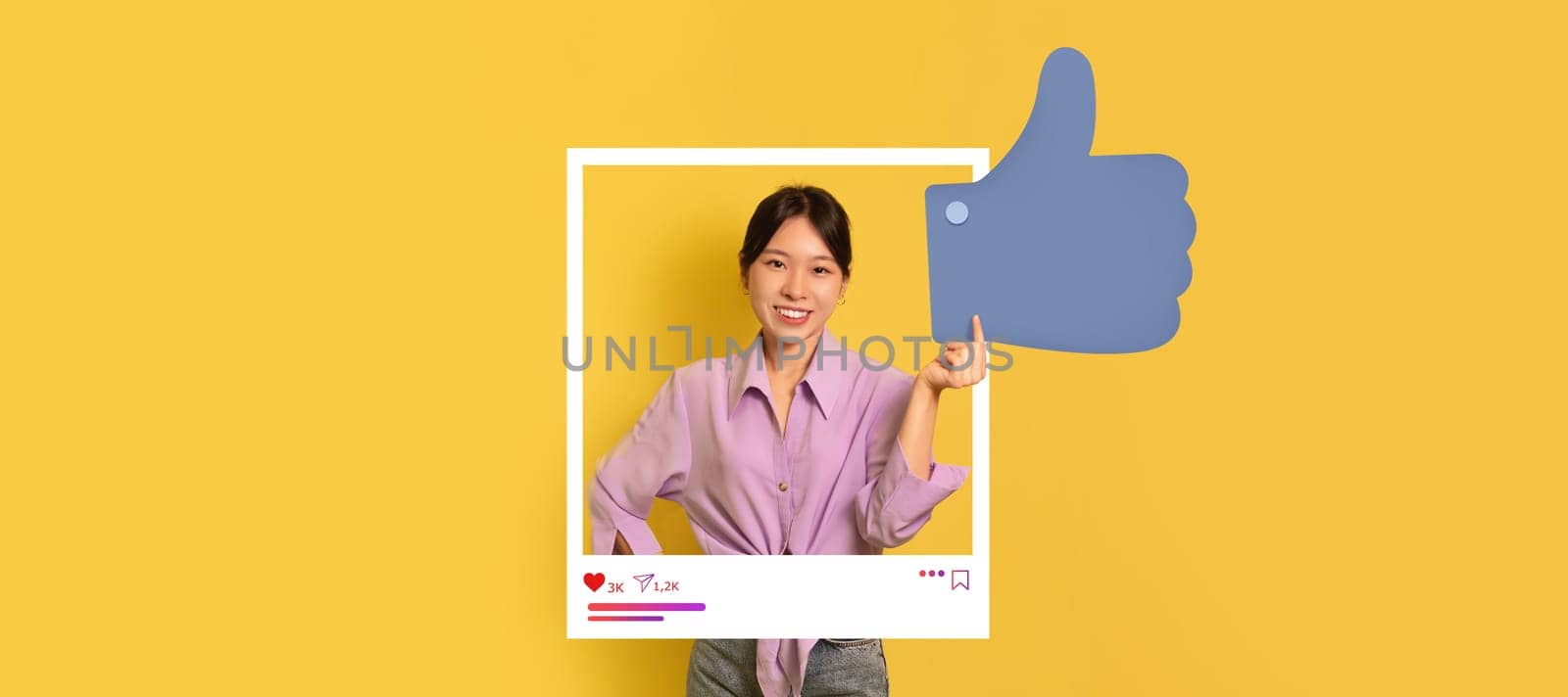 A smiling influencer is posing with a thumbs up gesture, framed within a playful social media template. The vibrant yellow backdrop enhances her cheerful demeanor, perfect for online engagement.