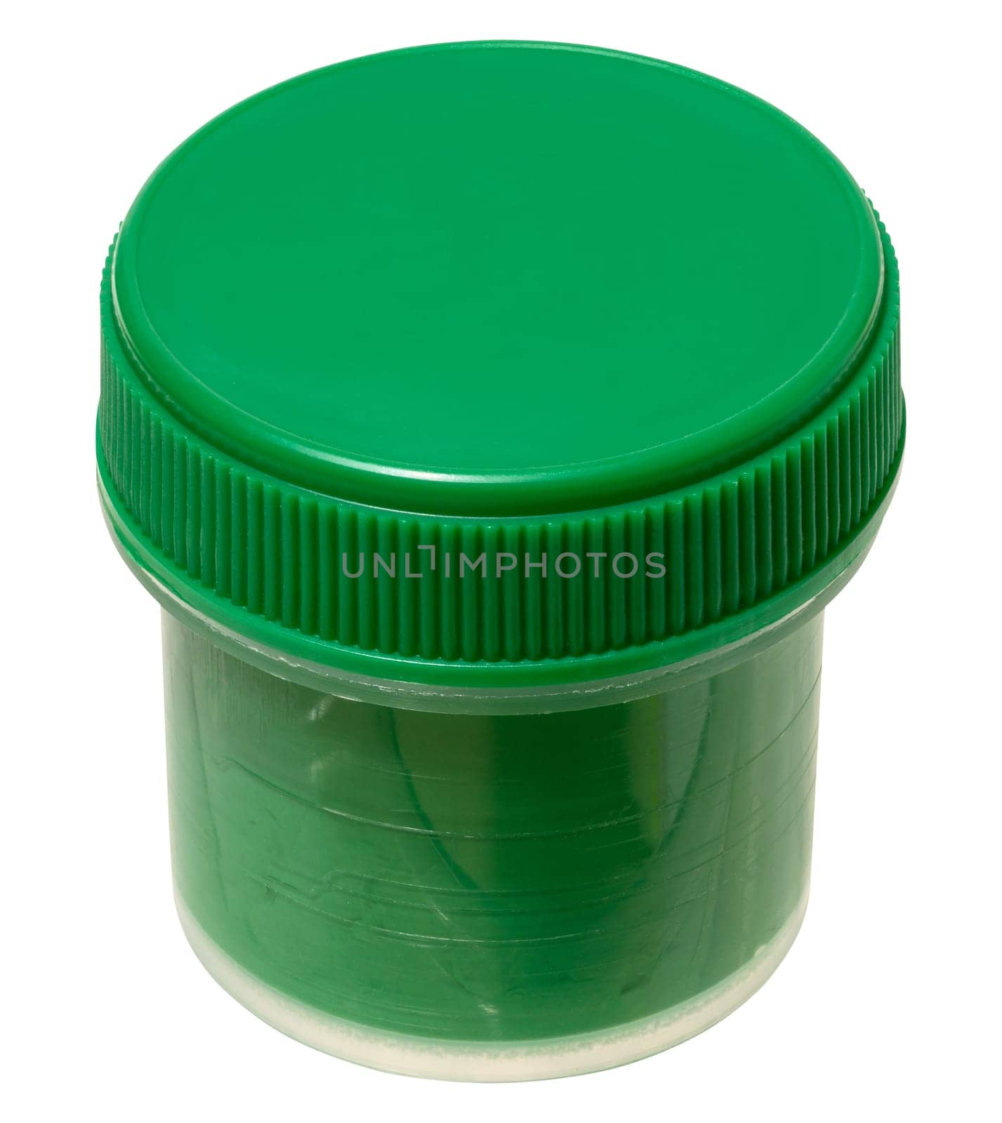 Plastic jar with green gouache paint, closed with green lid, isolated on background.
