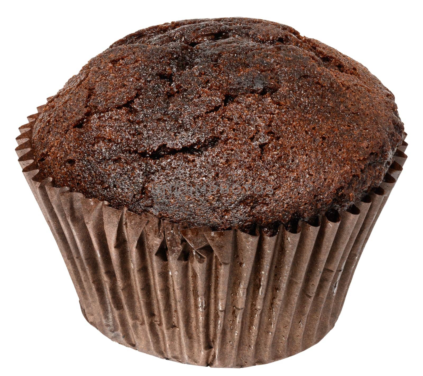 Close up of one chocolate muffin in paper form, isolated background