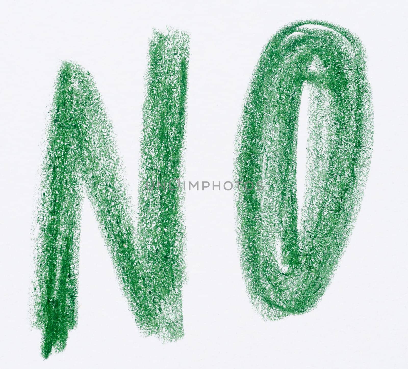 Hand-drawn green crayon word NO on white paper background. Simple and expressive text art in bold, rough strokes