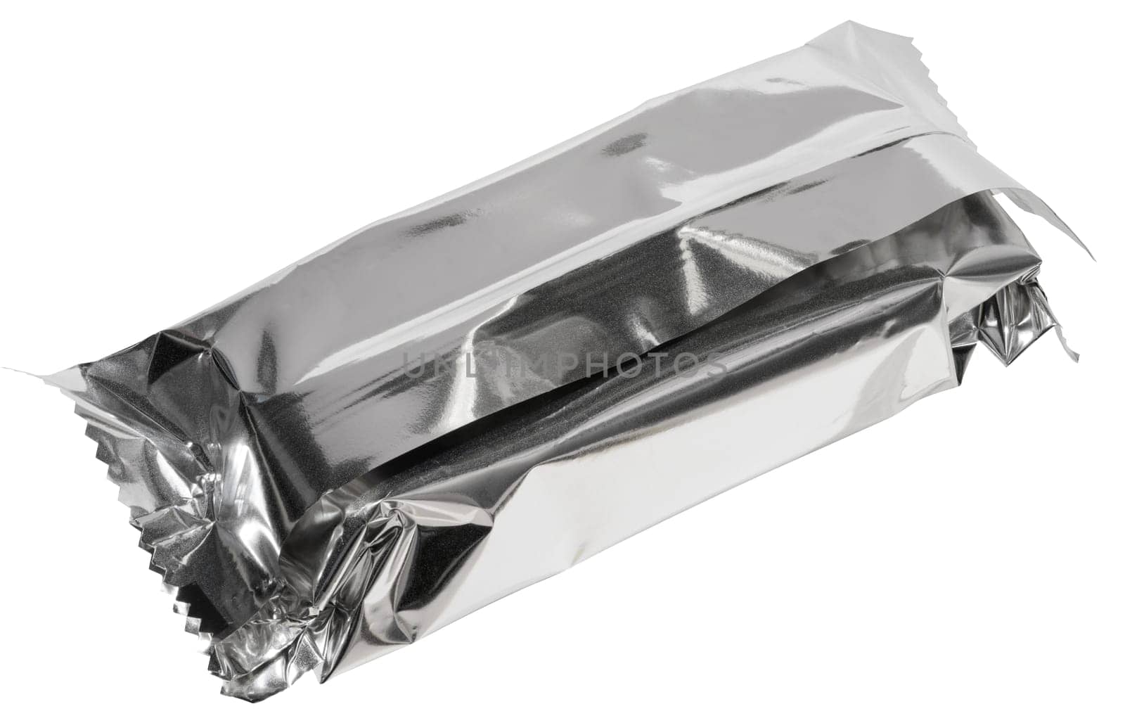 Close up of empty silver foil packaging for candy bar or snack, crumpled and sealed, isolated background.
