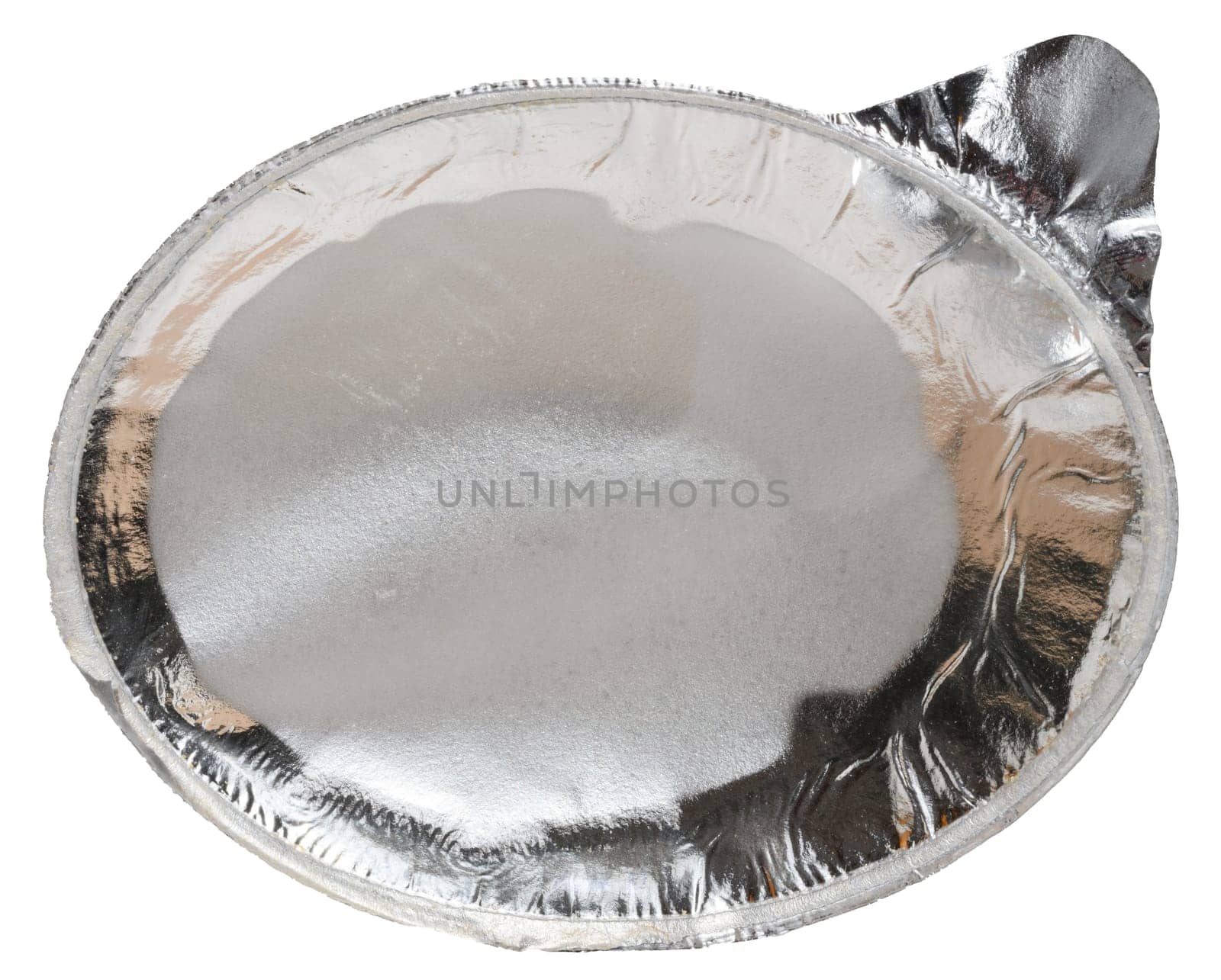 Crumpled round foil lid for yogurt or other product, isolated on background.