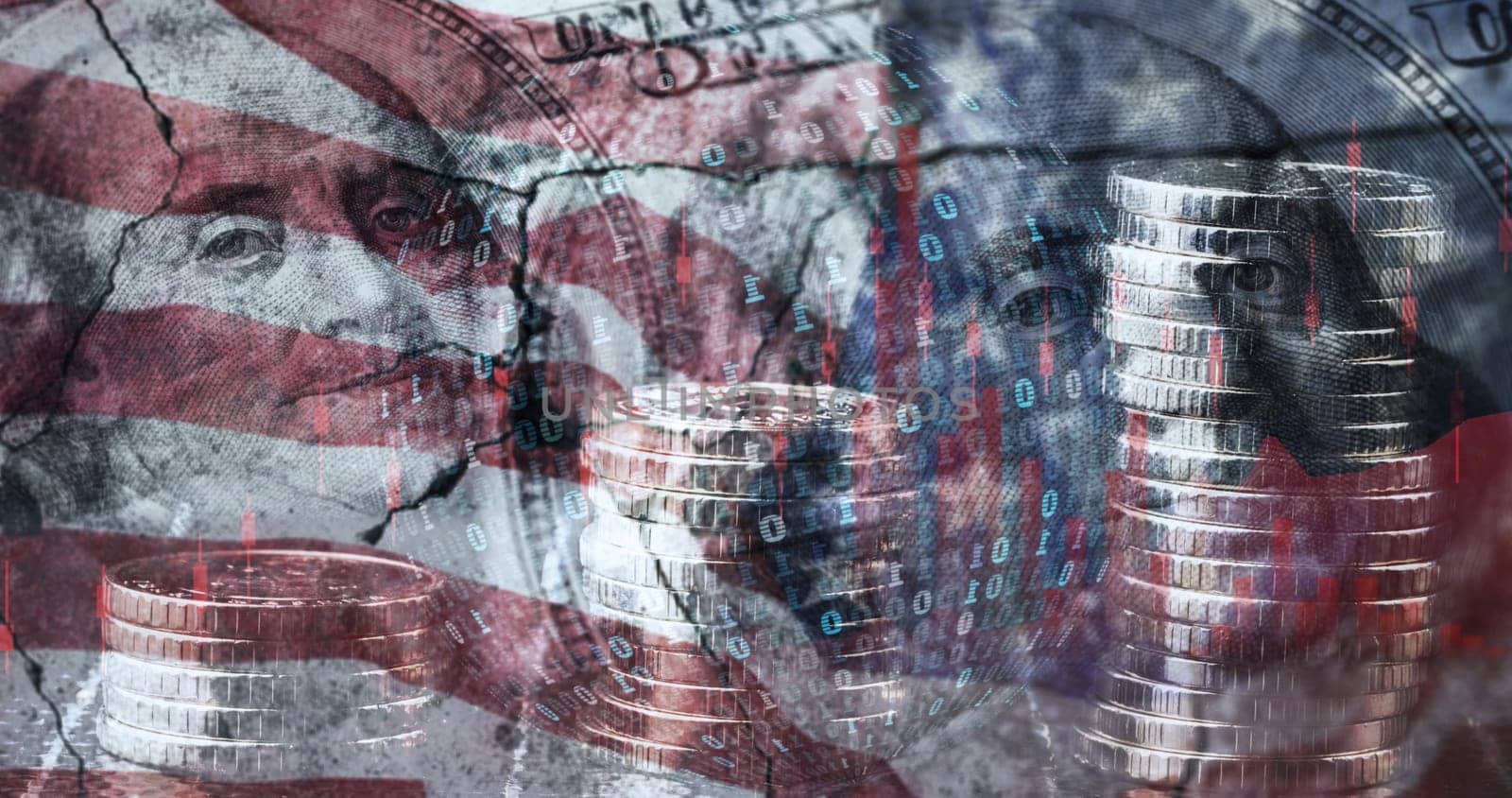 A conceptual image that superimposes elements of the US flag, dollars and binary code to symbolize economic or financial problems