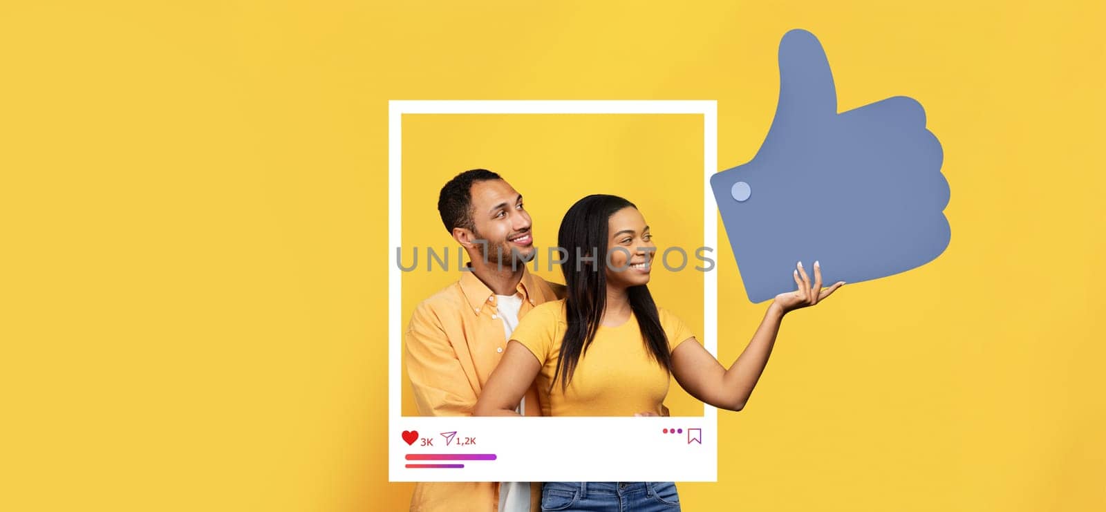 Two individuals express joy and connection, standing together against a vibrant yellow backdrop. They display enthusiasm and engagement, symbolizing social media interactions.