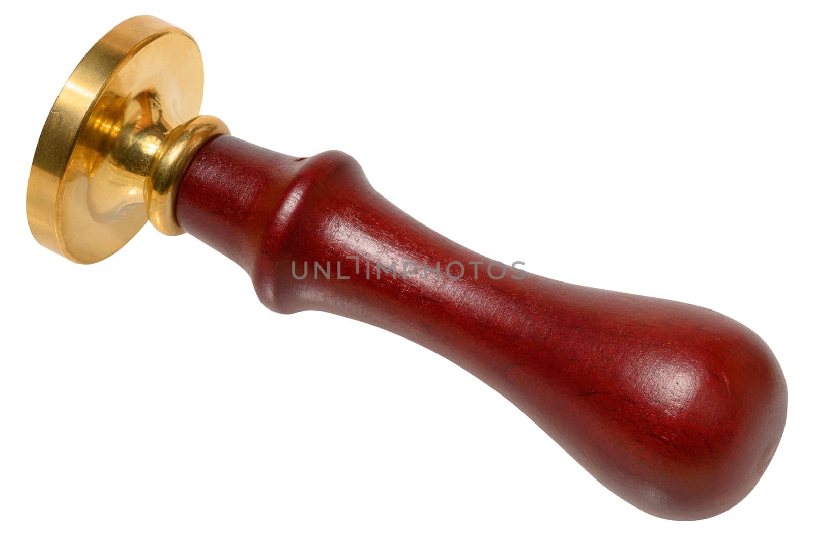 Wax seal with wooden handle and brass stamp on isolated background