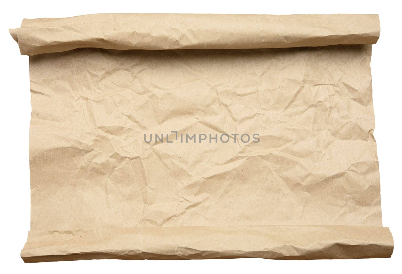 Crumpled sheet of brown kraft paper rolled into a roll at the top and bottom on an isolated background