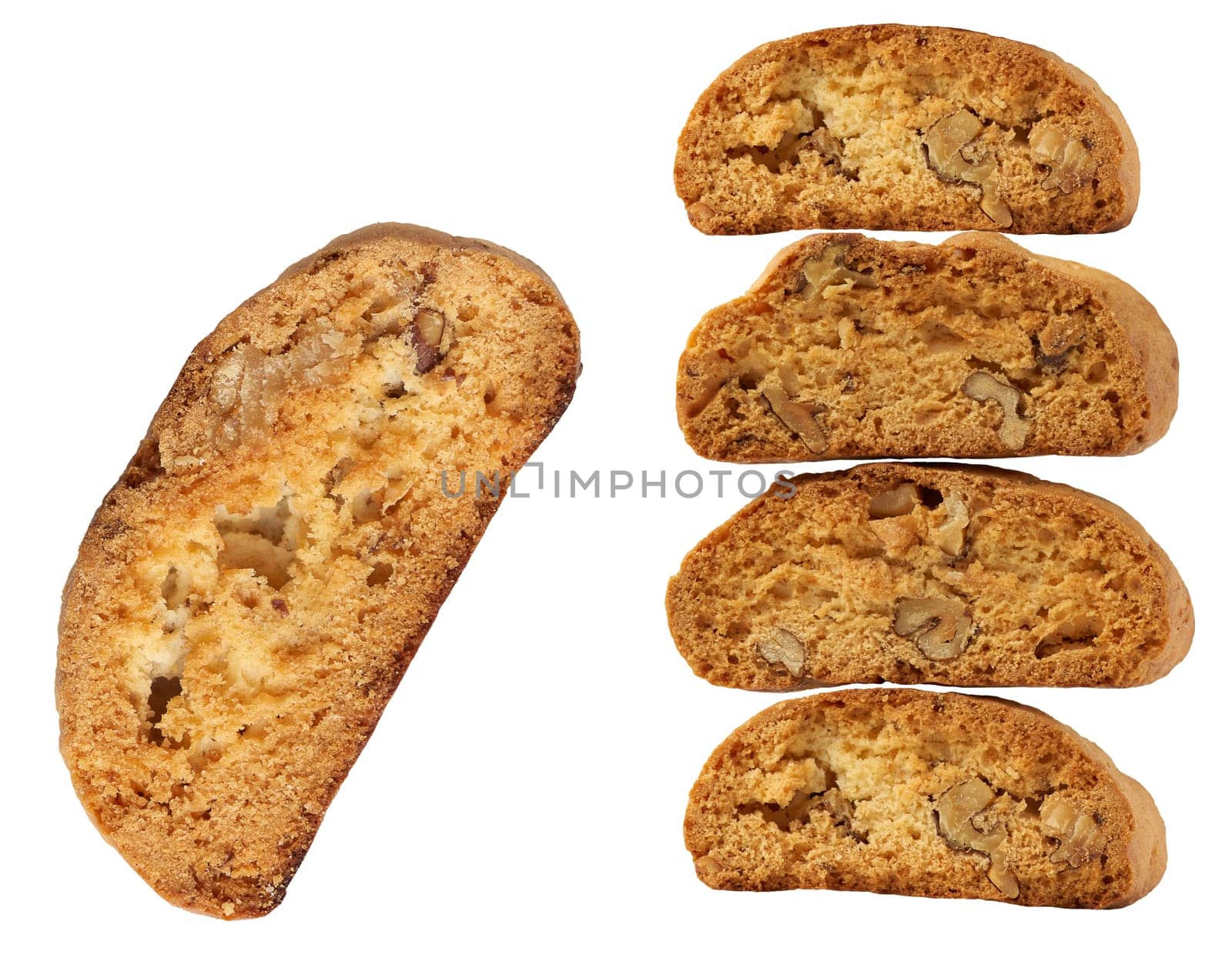 Baked piece Italian almond biscotti, cantuccini cookies, traditional italian Christmas dry cookies, isolated background