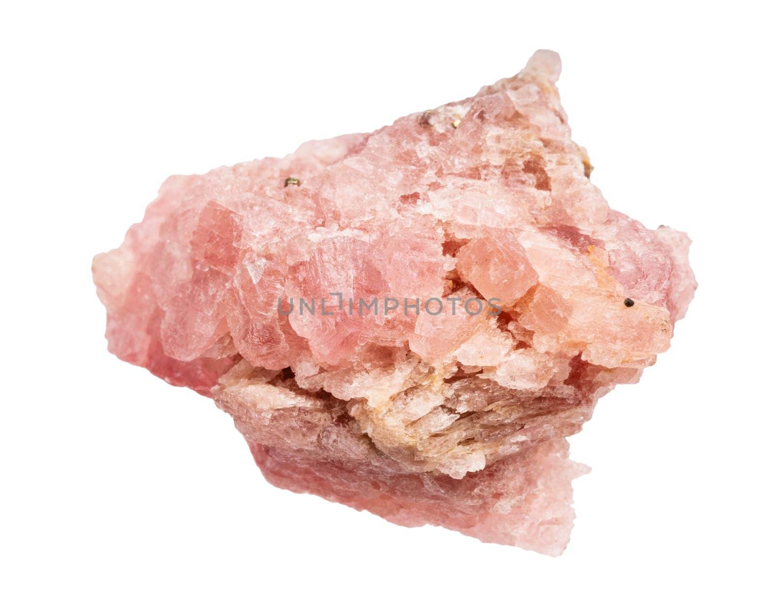 close up of sample of natural stone from geological collection - raw crystalline rhodochrosite mineral isolated on white background