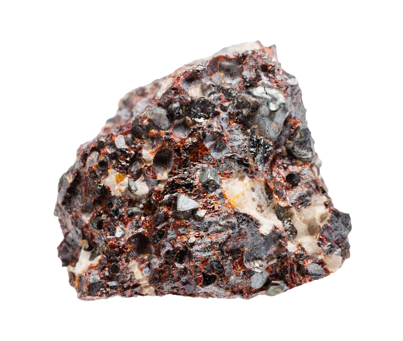 close up of sample of natural stone from geological collection - uncut zincite and franklinite mineral isolated on white background