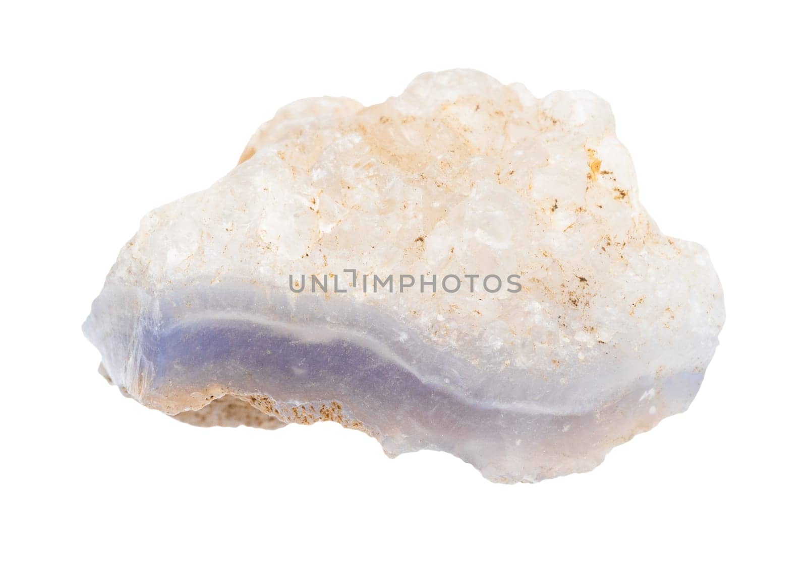close up of sample of natural stone from geological collection - raw blue agate mineral isolated on white background