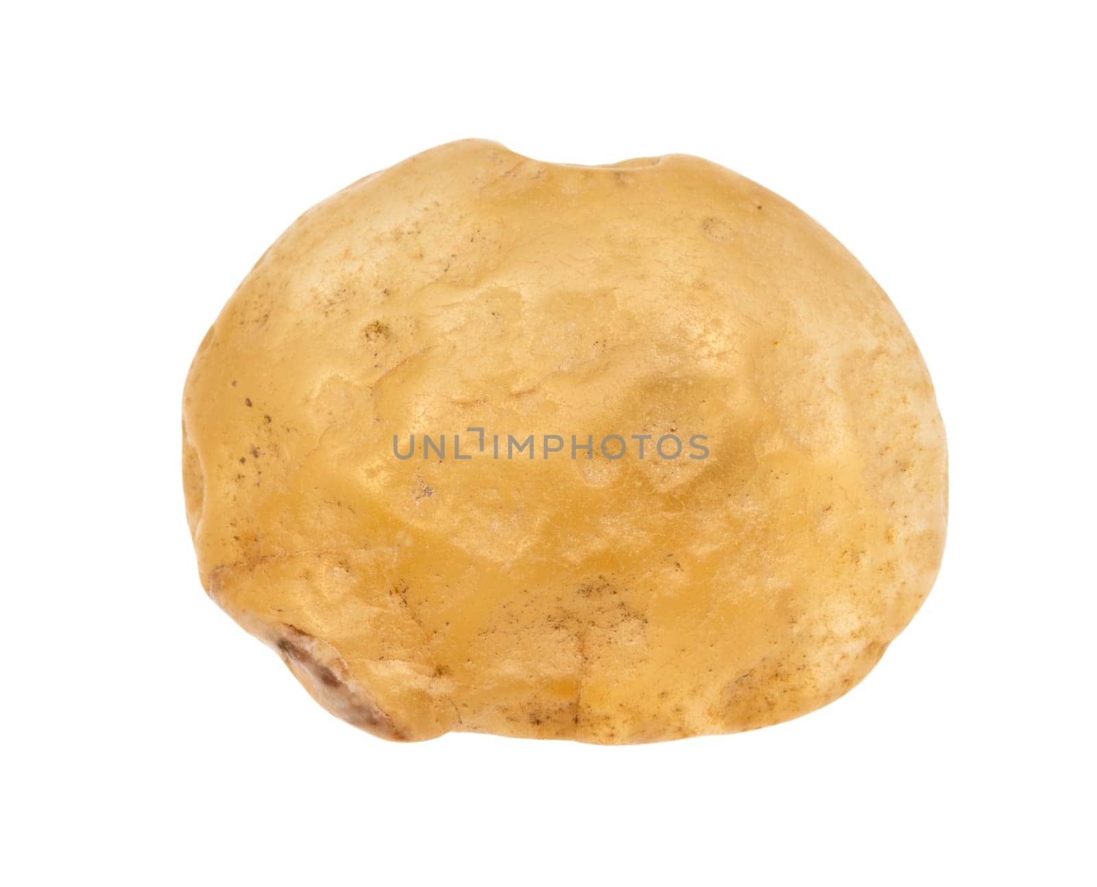 close up of sample of natural stone from geological collection - tumbled cornelian chalcedony mineral isolated on white background