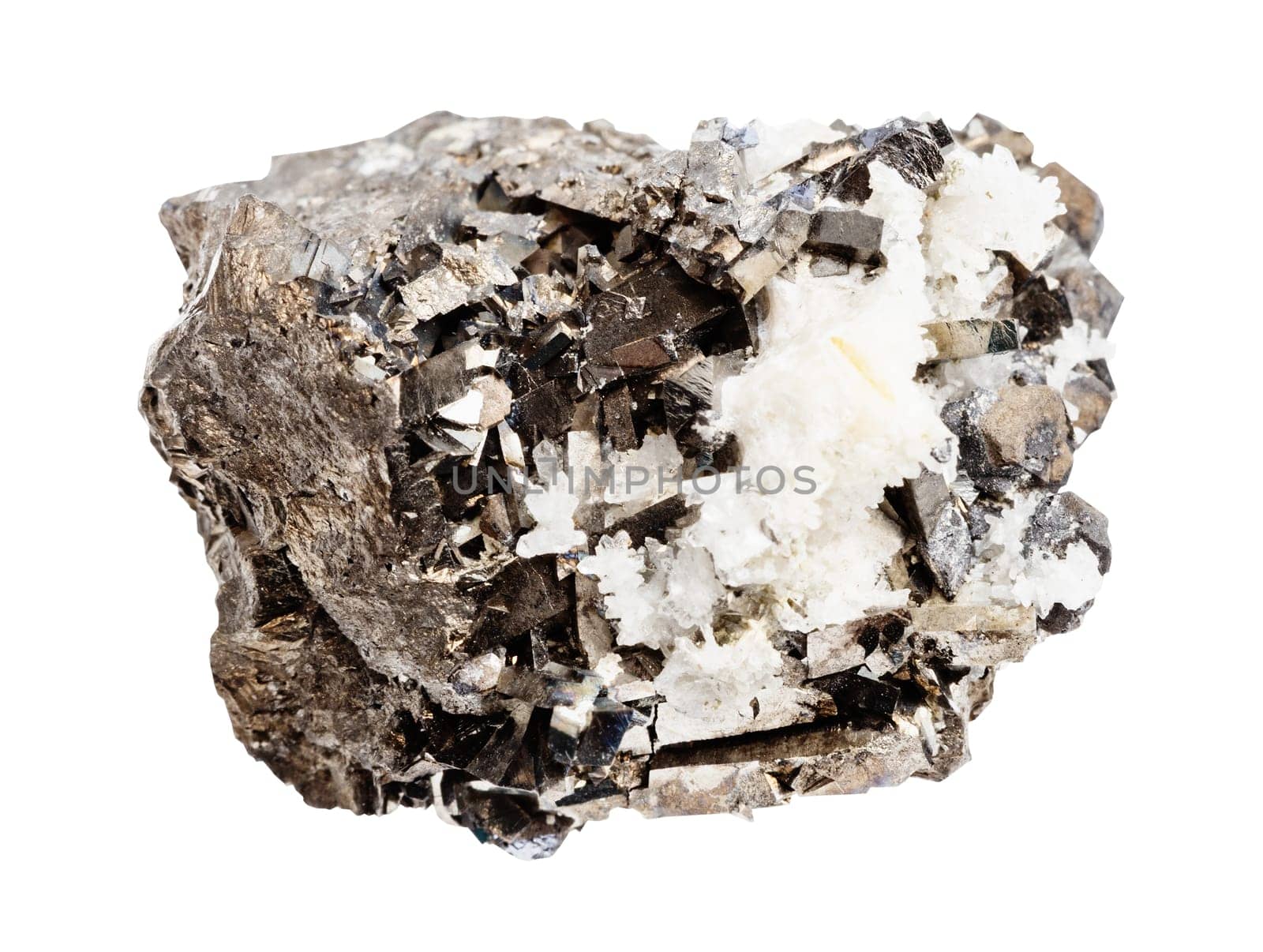 close up of sample of natural stone from geological collection - raw arsenopyrite mineral isolated on white background