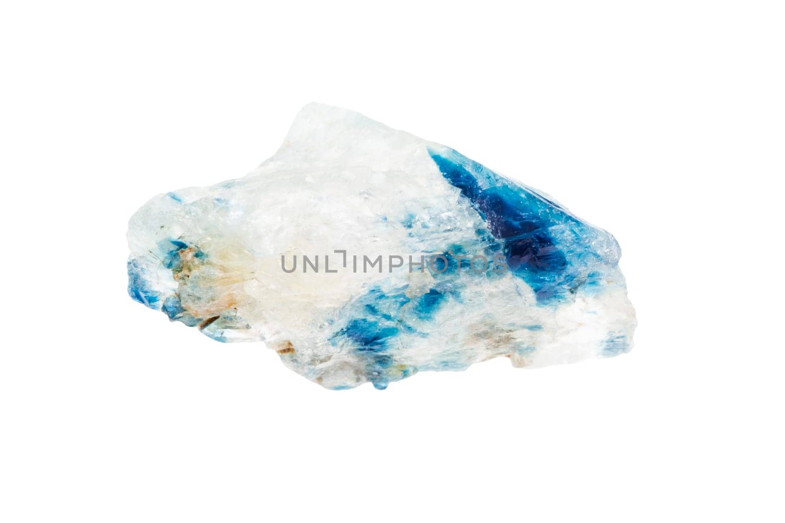 close up of sample of natural stone from geological collection - unpolished euclase crystal mineral isolated on white background