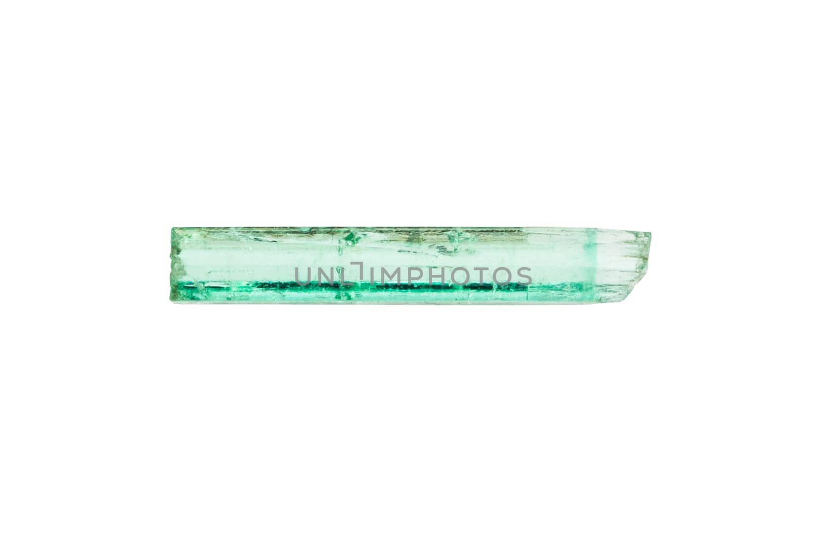 close up of sample of natural stone from geological collection - raw transparent emerald crystal mineral isolated on white background