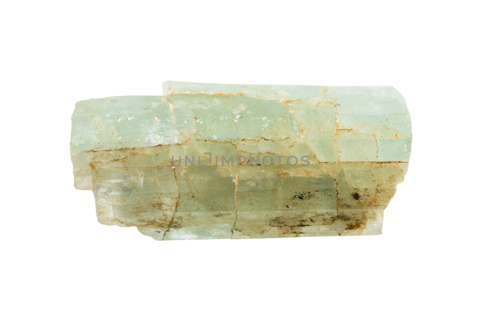 close up of sample of natural stone from geological collection - raw green beryl crystal mineral isolated on white background