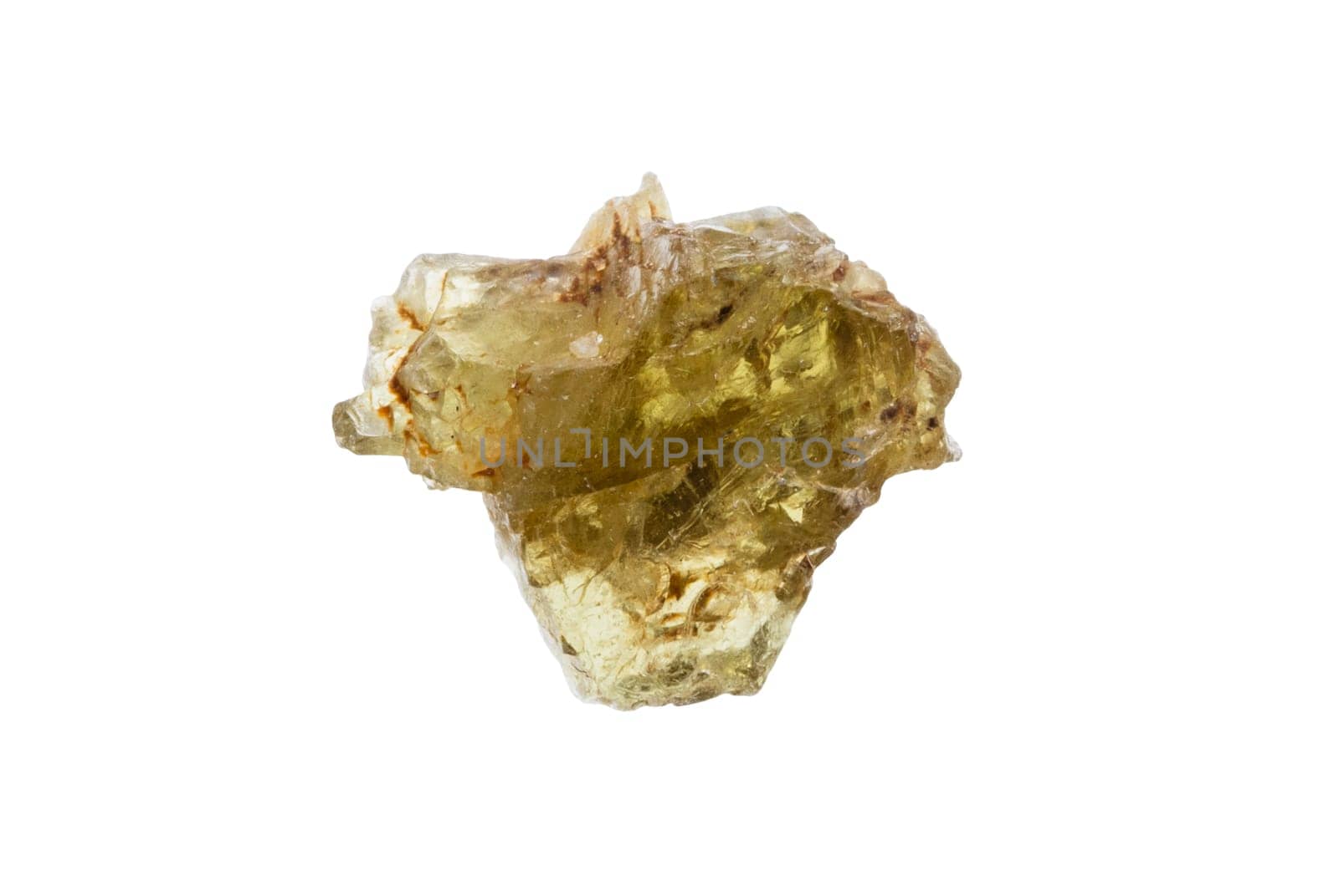 close up of sample of natural stone from geological collection - raw sinhalite crystal mineral isolated on white background