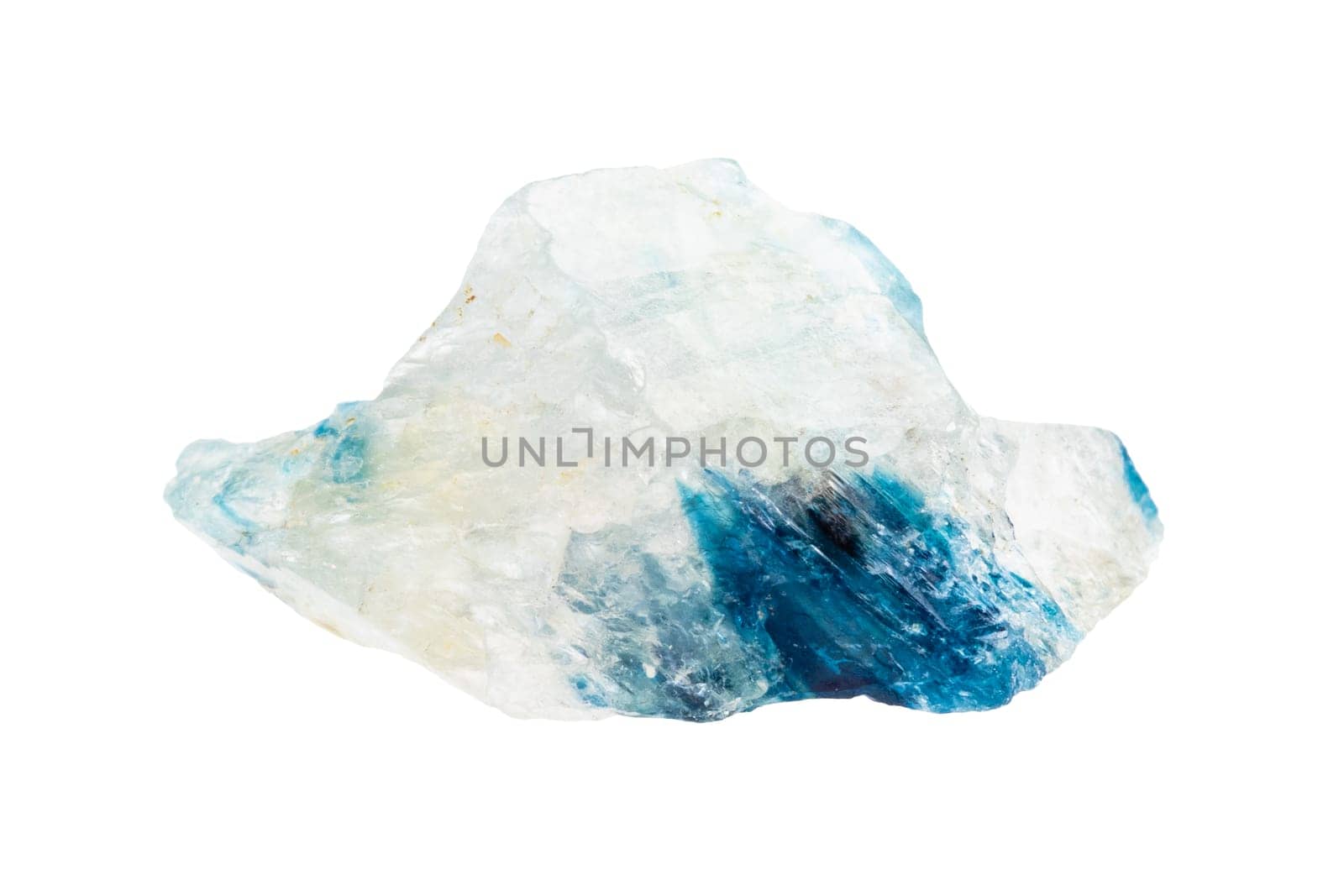 close up of sample of natural stone from geological collection - uncut euclase crystal mineral isolated on white background