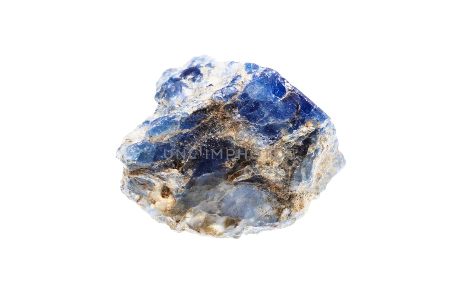 close up of sample of natural stone from geological collection - raw benitoite crystal mineral isolated on white background