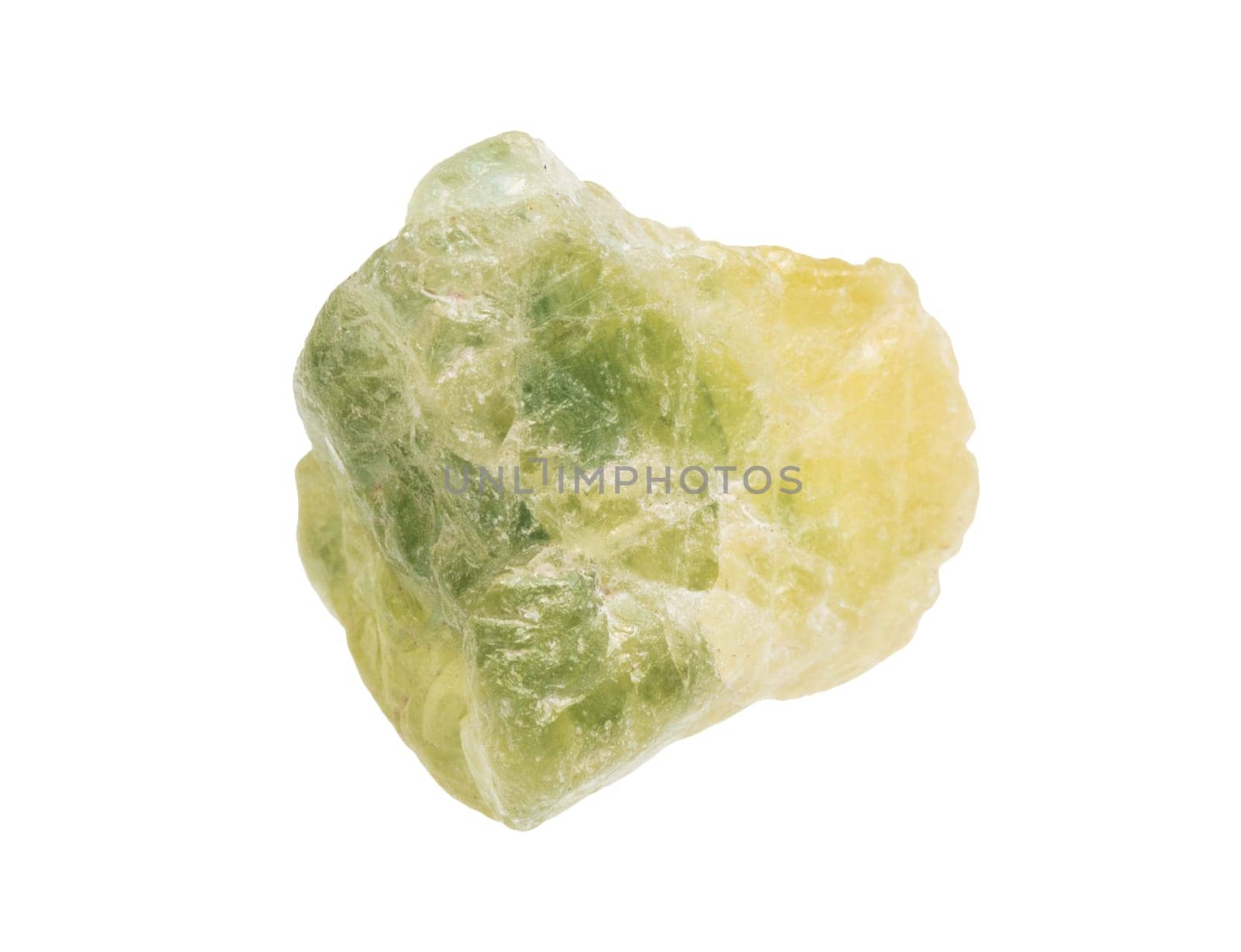 close up of sample of natural stone from geological collection - raw yellow green sapphire corundum mineral isolated on white background