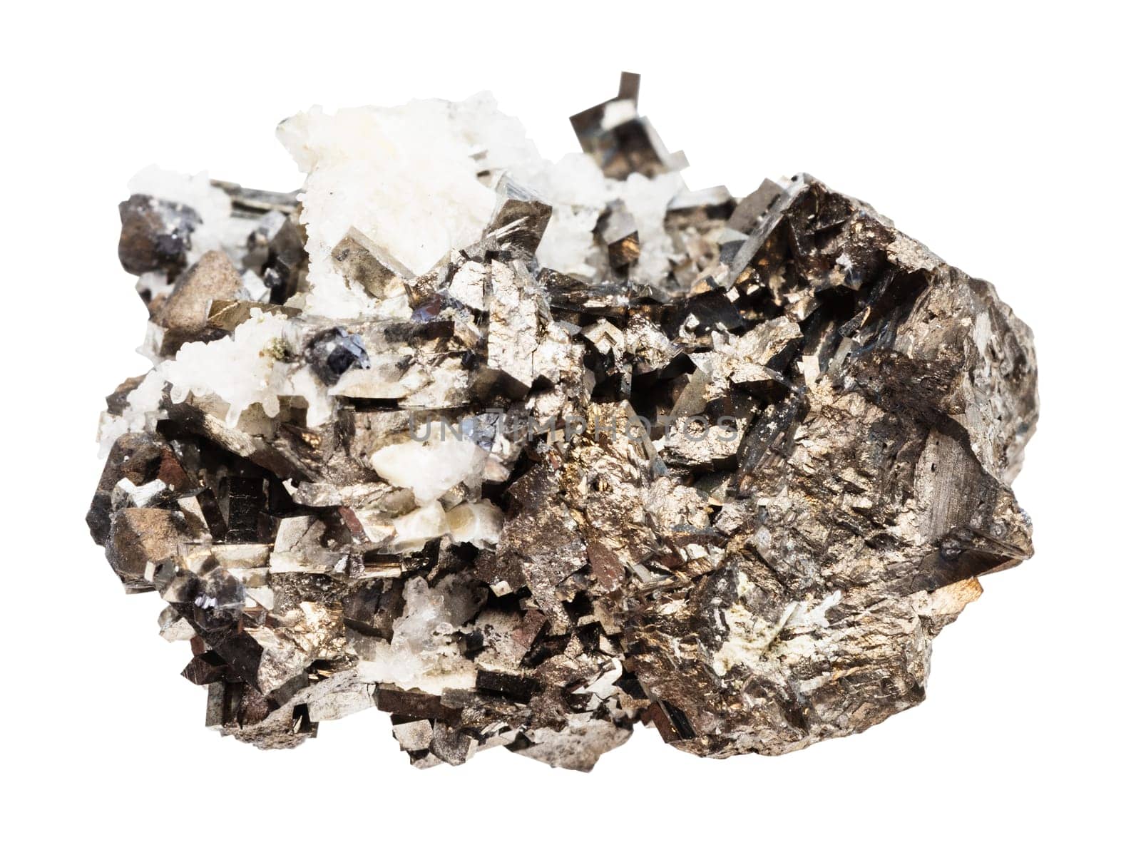 close up of sample of natural stone from geological collection - uncut arsenopyrite mineral isolated on white background