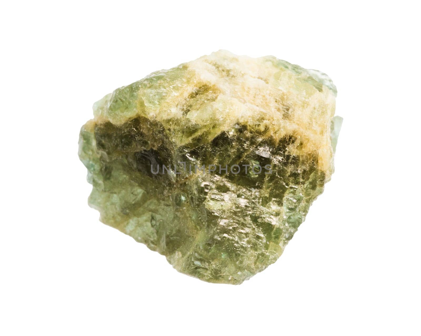 close up of sample of natural stone from geological collection - raw green beryl mineral isolated on white background