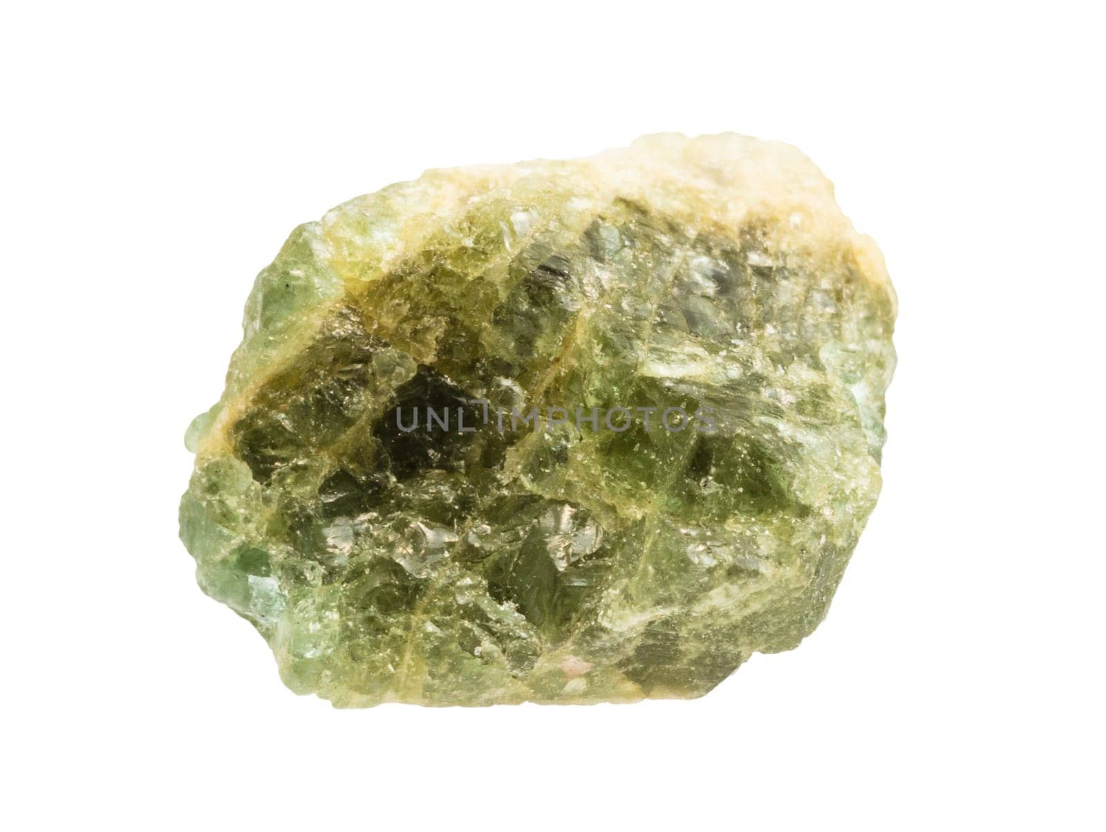 close up of sample of natural stone from geological collection - unpolished green beryl mineral isolated on white background