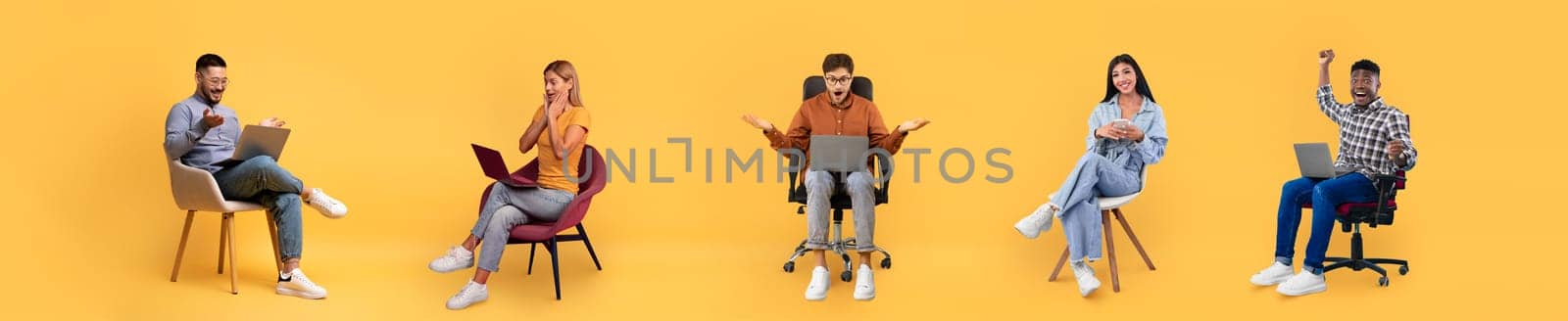Four people are focused on their computers in a colorful workspace. Each person displays varied emotions while working, showcasing engagement and collaboration in a lively environment.