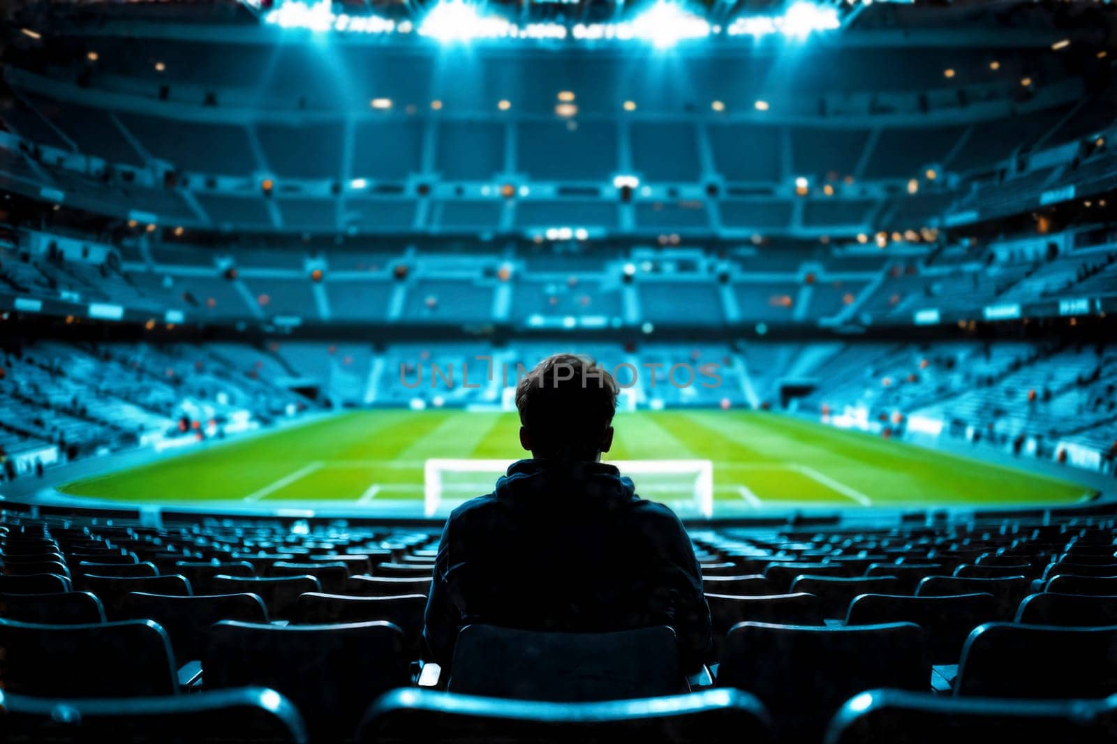A solitary figure sits in an empty stadium at night, facing the brightly lit football field. The perspective emphasizes the scale, silence, and anticipation of the moment.