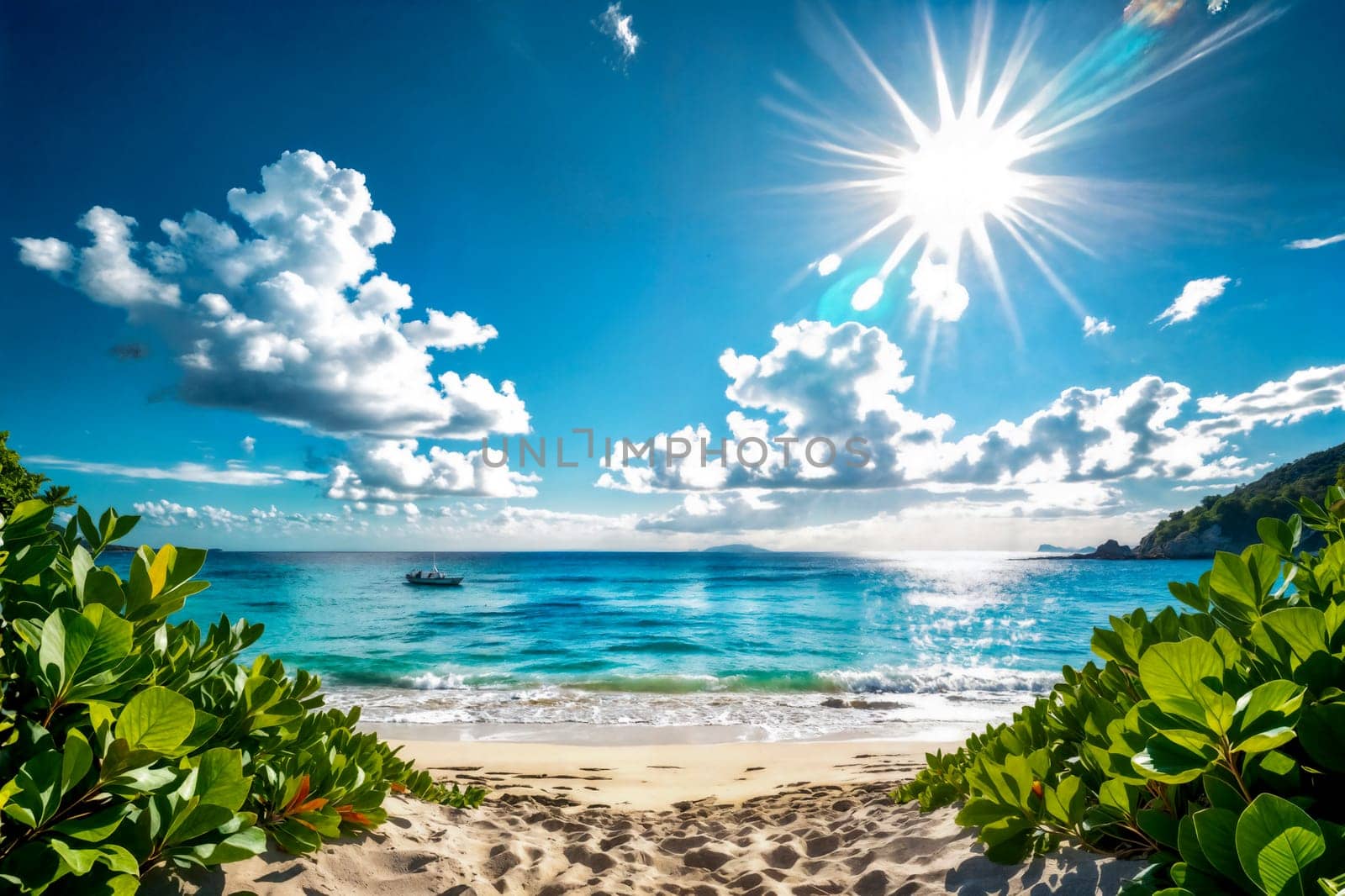 A tropical beach with soft sand and green plants facing a calm ocean under a bright sun. A boat floats in the distance beneath a vibrant blue sky with scattered clouds.