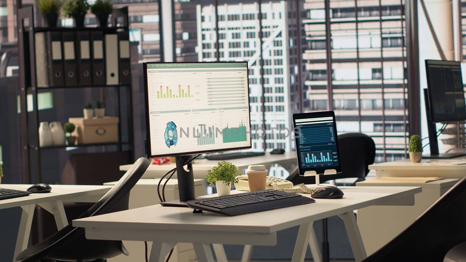 Empty business office with cubicles used in organizational activity efficiency, having advanced tech gadgets to serve a corporation with luxurious city center headquarters. Corporate culture.