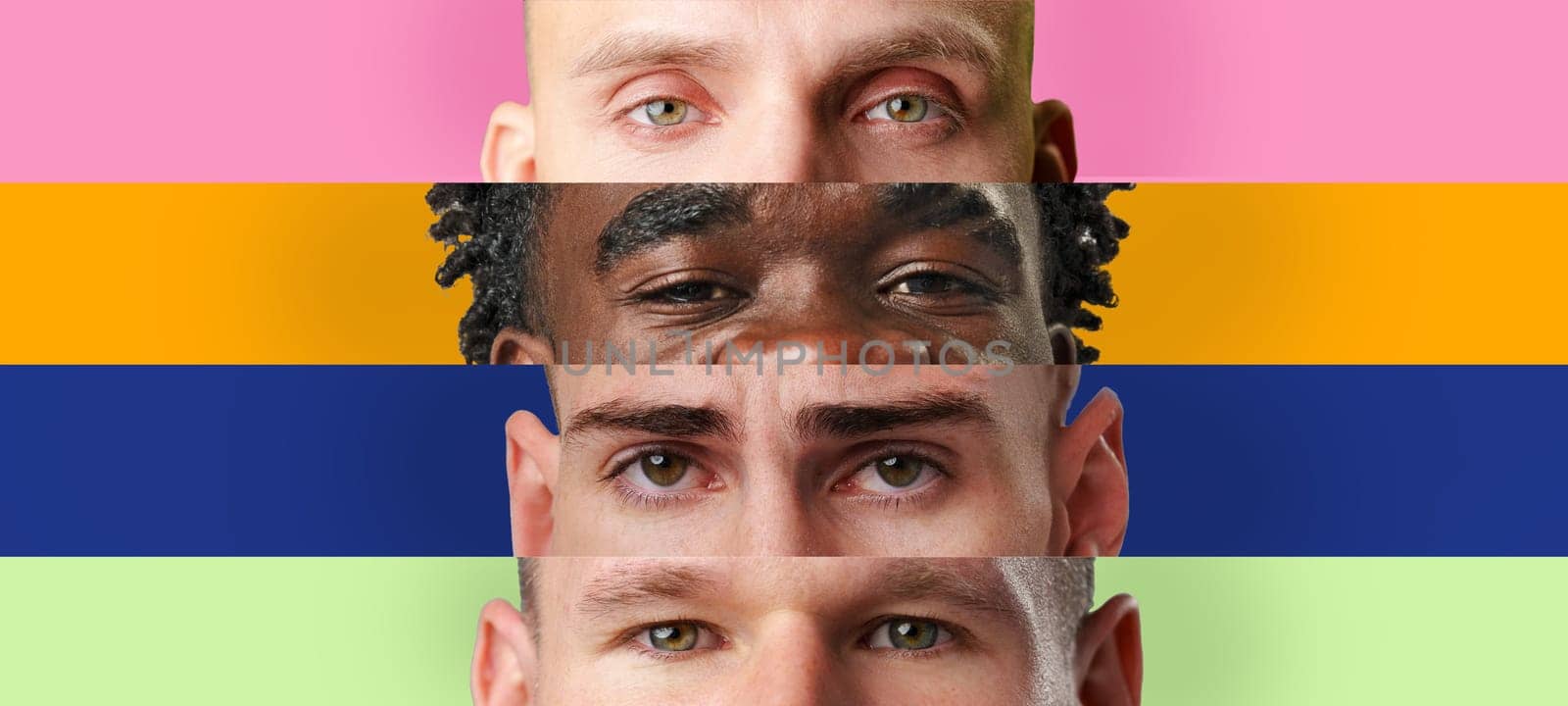 Three distinct faces blend together, emphasizing diversity and unity. The background features bold colors, underscoring the uniqueness of each individual while celebrating their shared humanity.