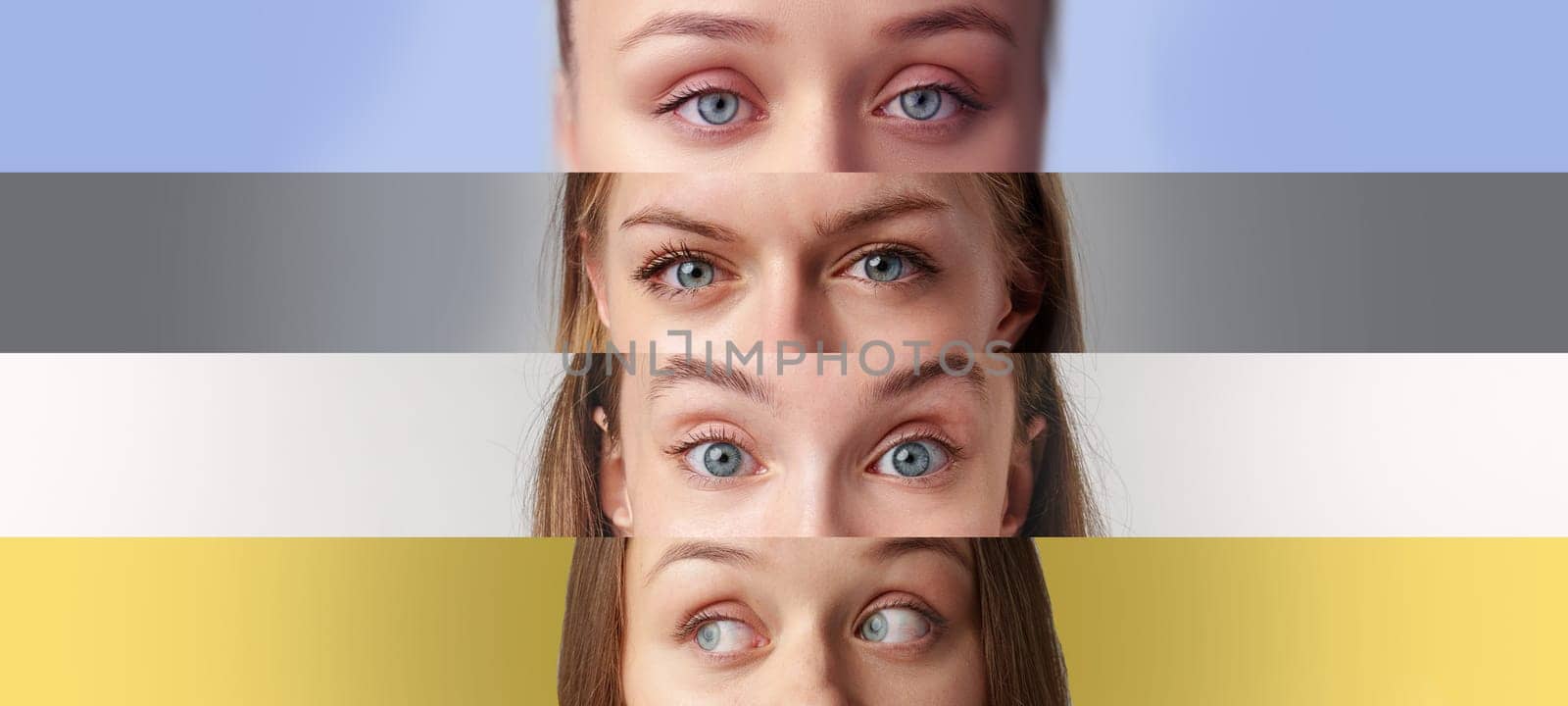 Various pairs of eyes with striking blue hues are presented in an artistic format, highlighting expressions and colors against a softly colored background. The arrangement emphasizes uniqueness.