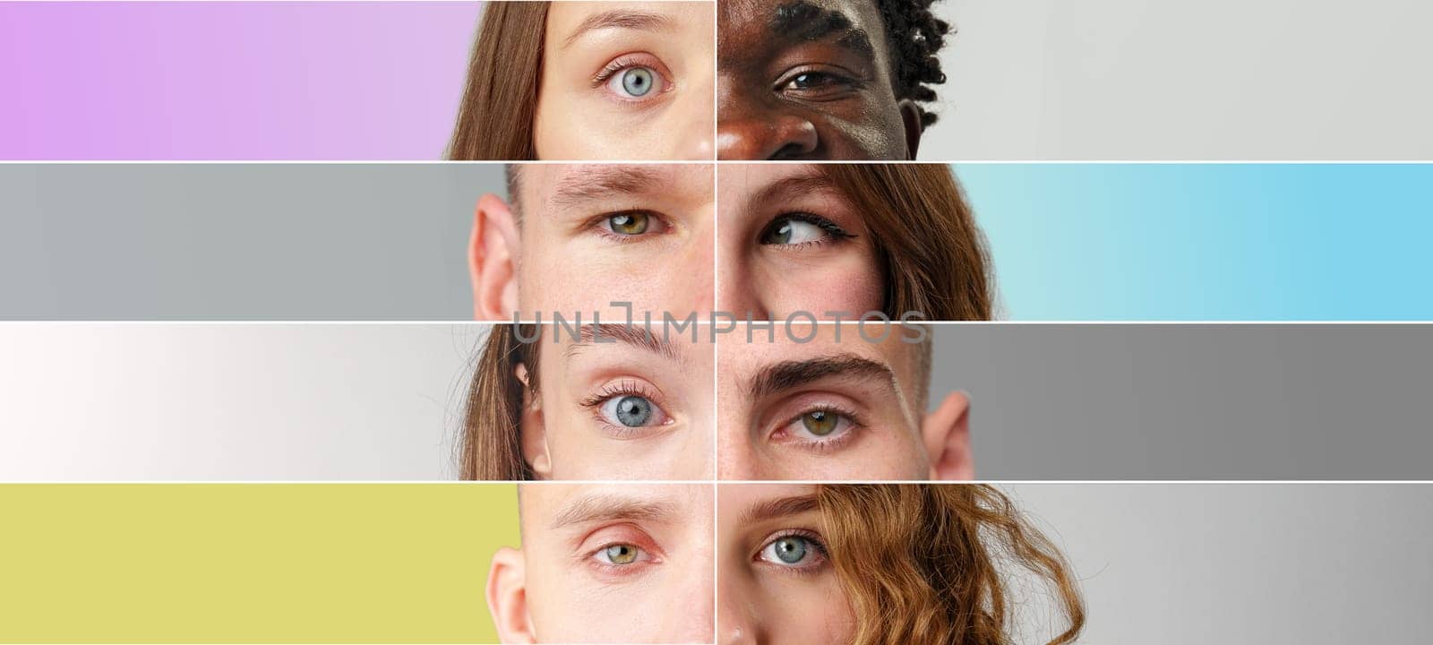 A collection of human eyes highlights diversity in color and texture against a minimalist backdrop. Each row features distinct eye shapes and expressions, celebrating individuality.