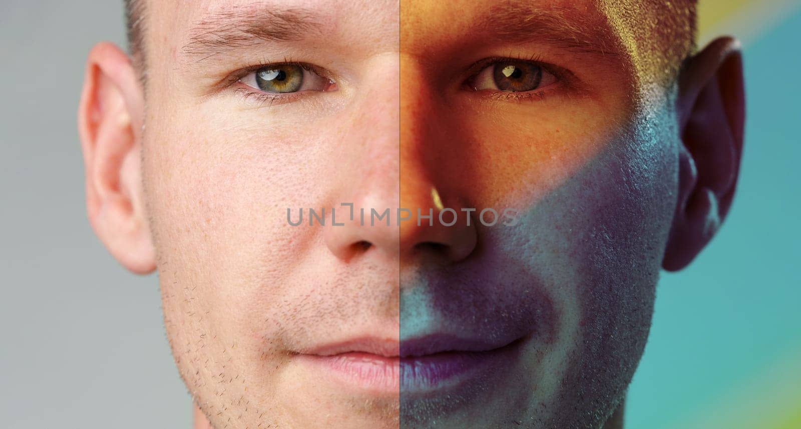 A visually striking portrait displays a man's face divided into two halves, each one featuring different lighting and color schemes. This creative setup emphasizes themes of duality and self-identity.