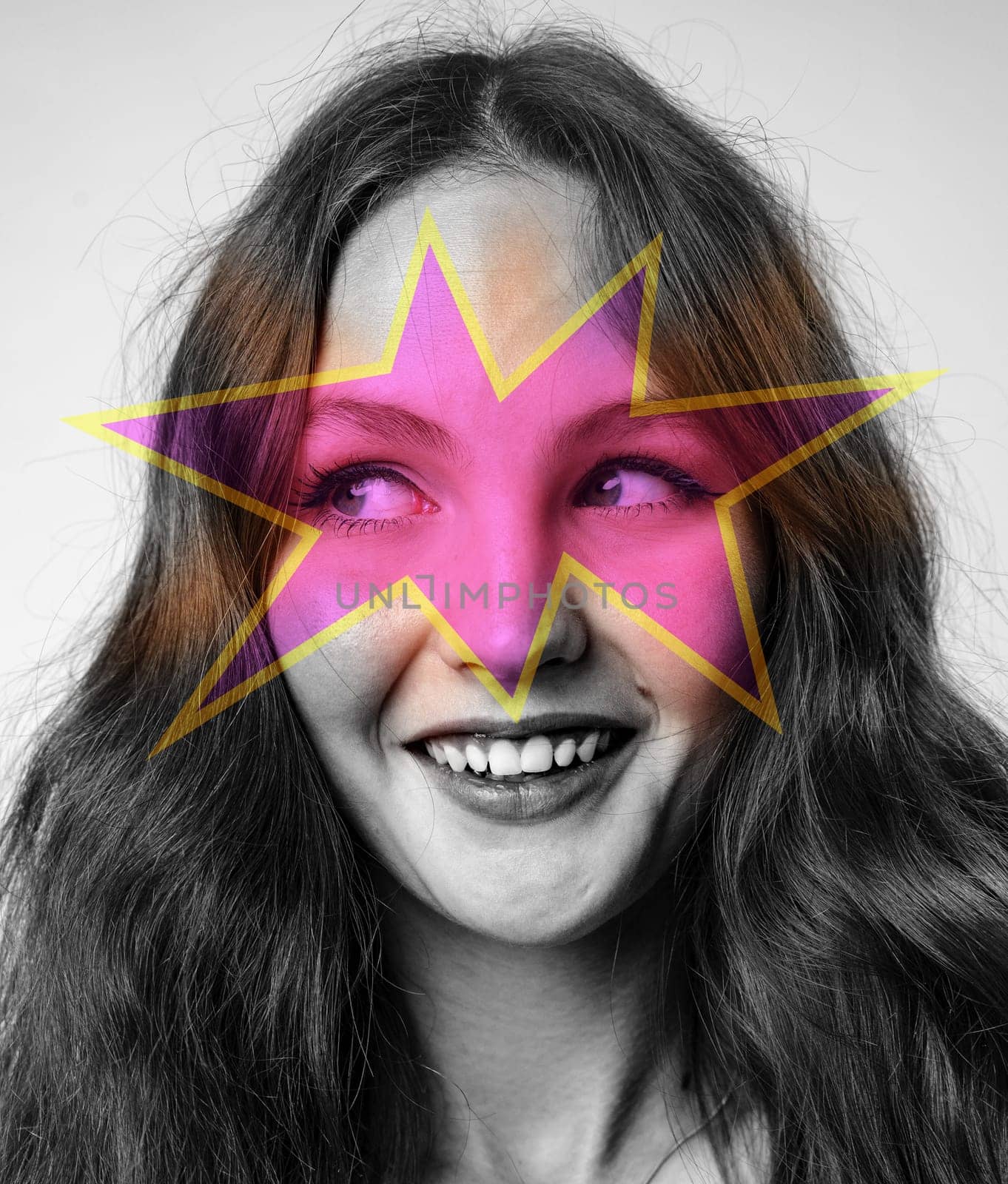 Young woman with long wavy hair smiles warmly while colorful star graphic overlays her face. Soft lighting enhances her joyful expression and modern artistic style.