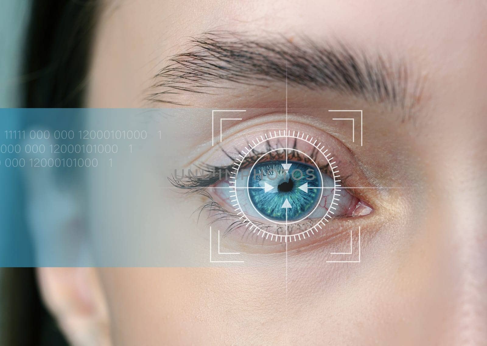 A human eye is focused on while digital scanning technology overlays are visible, indicating biometric identification. This showcases advancements in eye recognition systems.