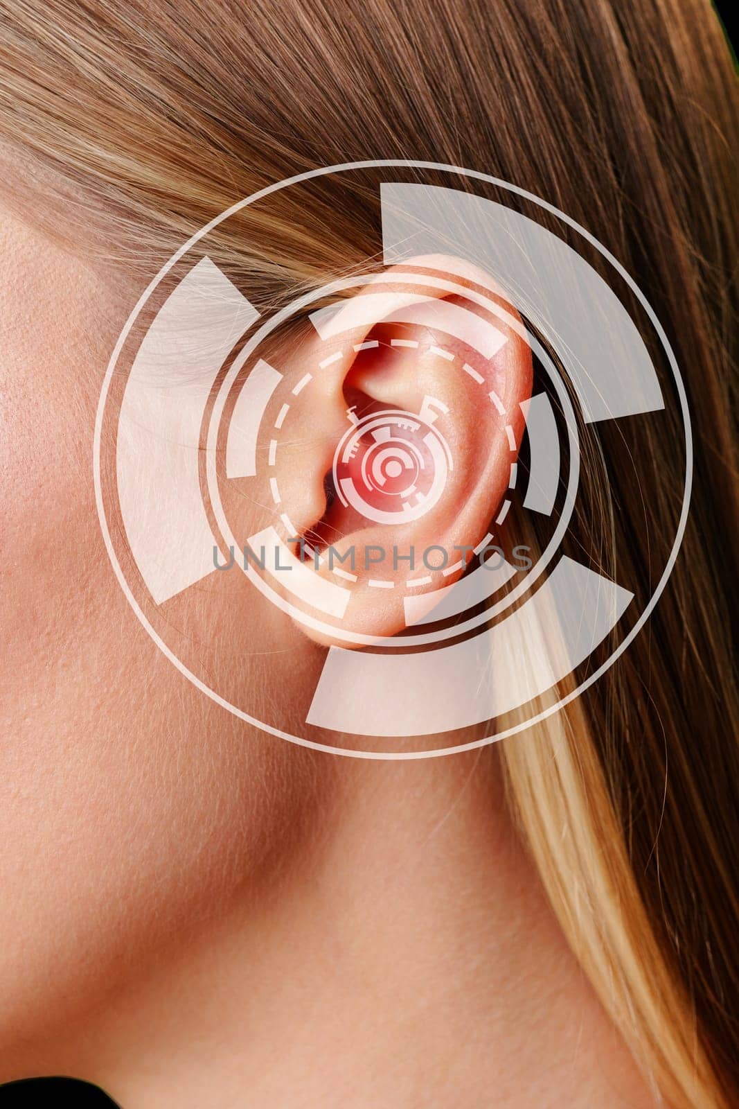 A woman's ear is prominently featured, enhanced by a digital sound wave overlay. This representation suggests advanced technology related to audio or hearing enhancement, showcasing modern aesthetics.