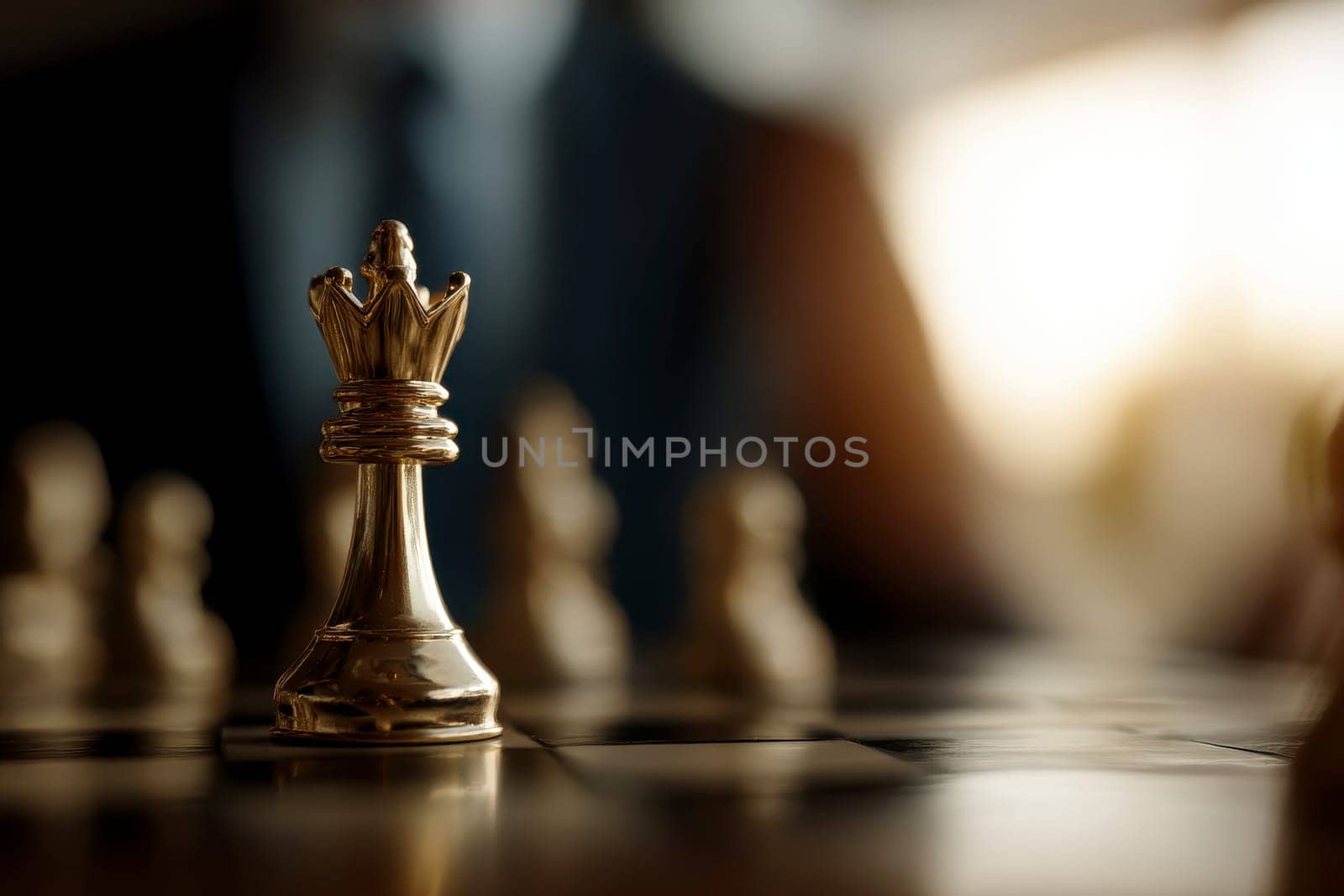 Chessboard with king, strategic win, business success concept, striking illustration..