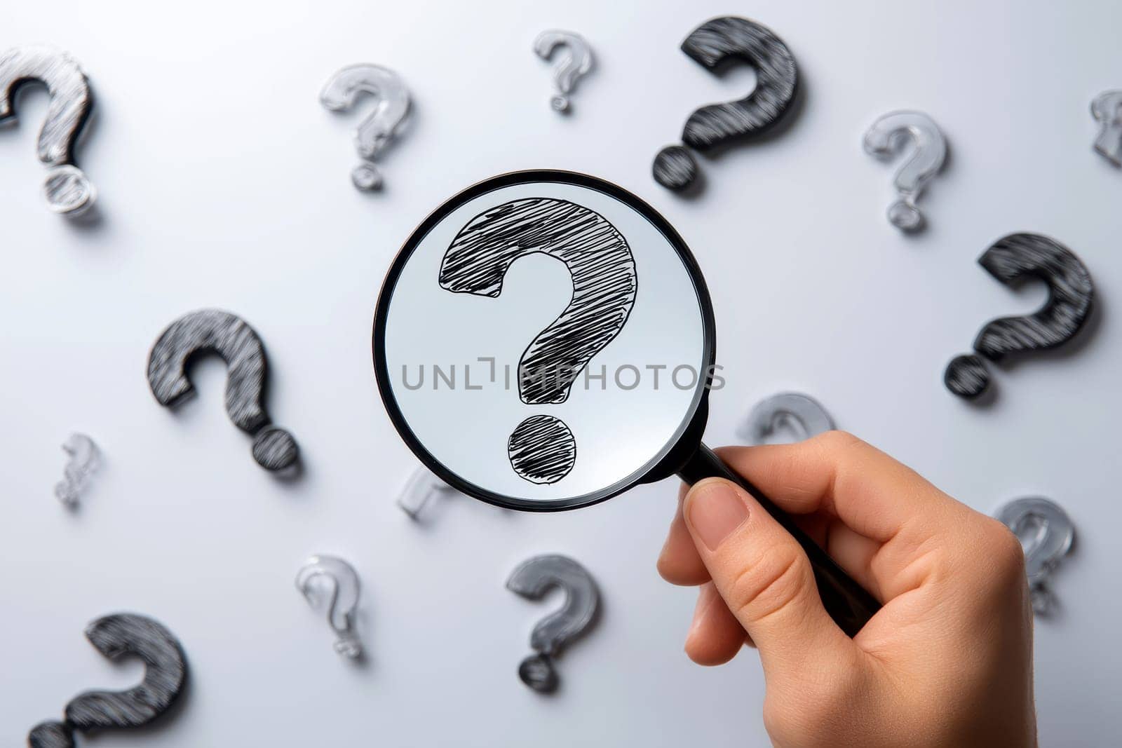 Question Mark and Root Cause Analysis Concept. A hand holding a magnifying glass over a large question mark surrounded by smaller ones on a blue background, symbolizing analysis and problem-solving..