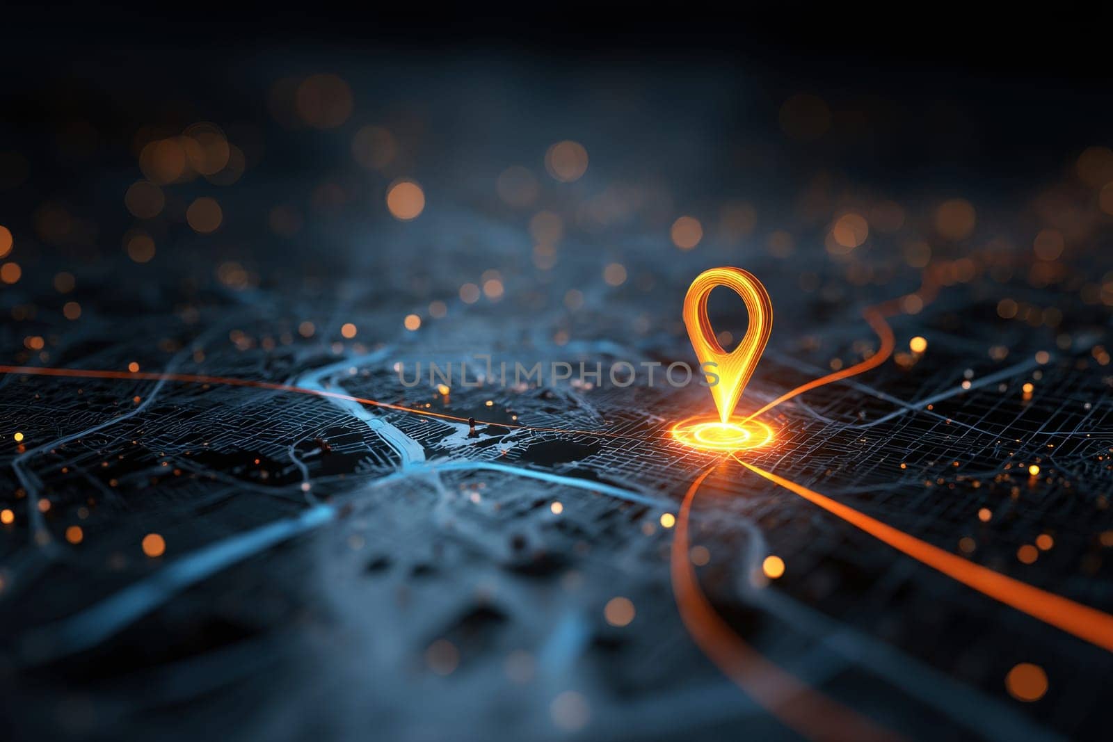 Illustration of digital city map with glowing location pin. Artificial intelligence and GPS navigation technologies, innovations in delivery, transport logistics, business travel.