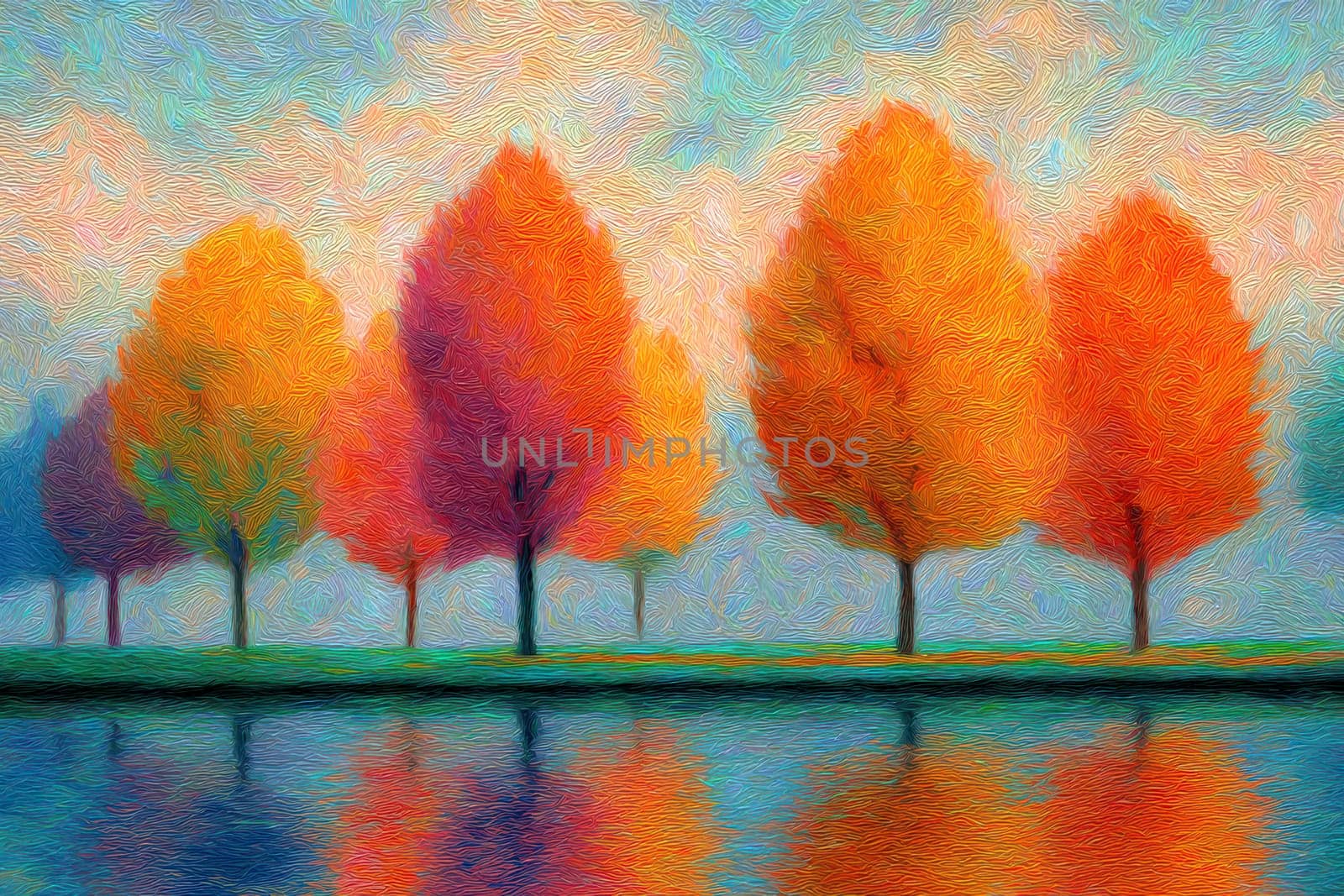 Vibrant Abstract Landscape of Colorful Trees with Round Canopies and Dynamic Textured Foreground..